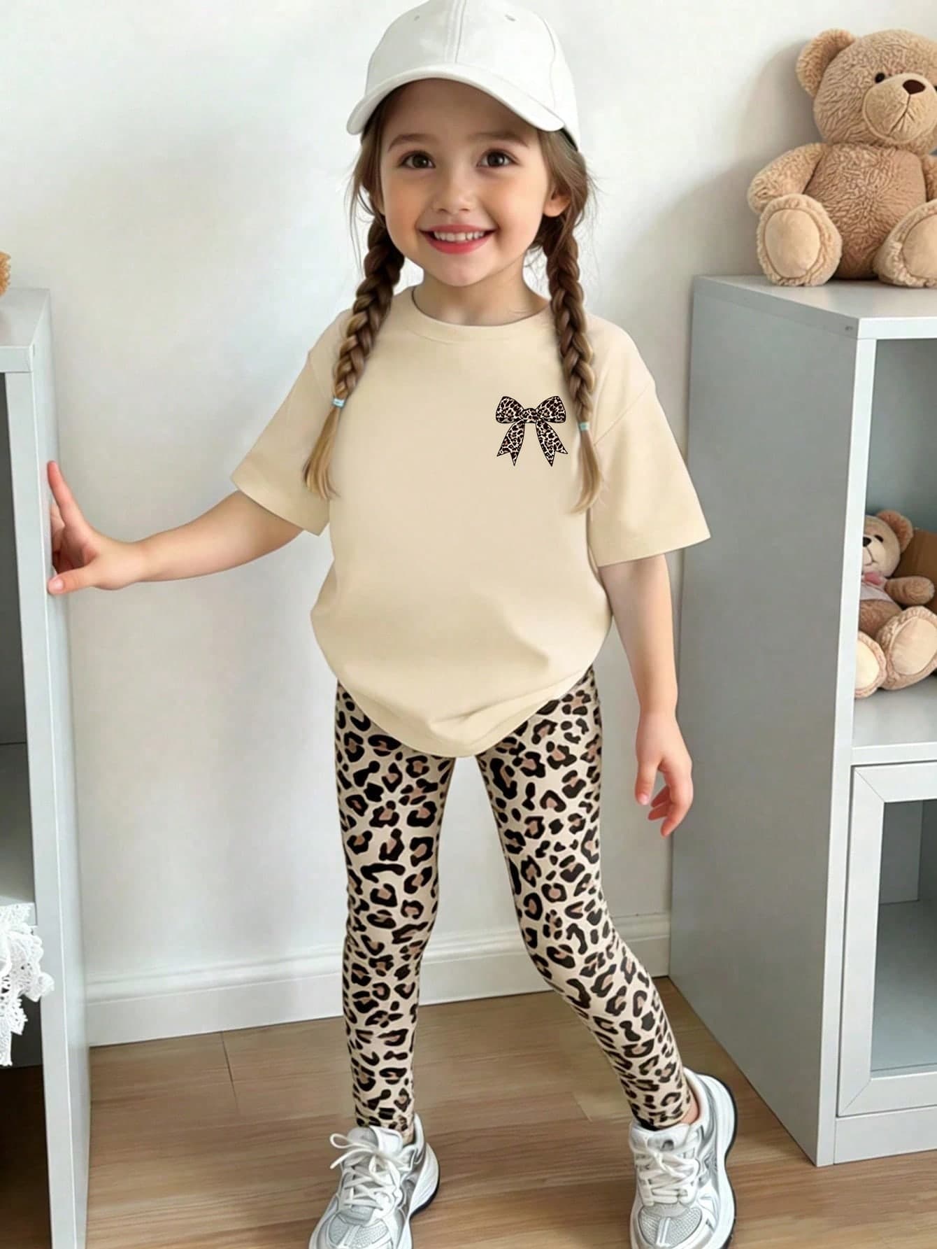Elladie kids Spring Summer Autumn Girls Toddler Fashion Personalized Fresh Minimalist Leopard Bow Print Casual Basic Short T-Shirt And Long Pants Set, Cozy Summer And Fall Styles, Suitable For Girls All Season Outfits, Sets