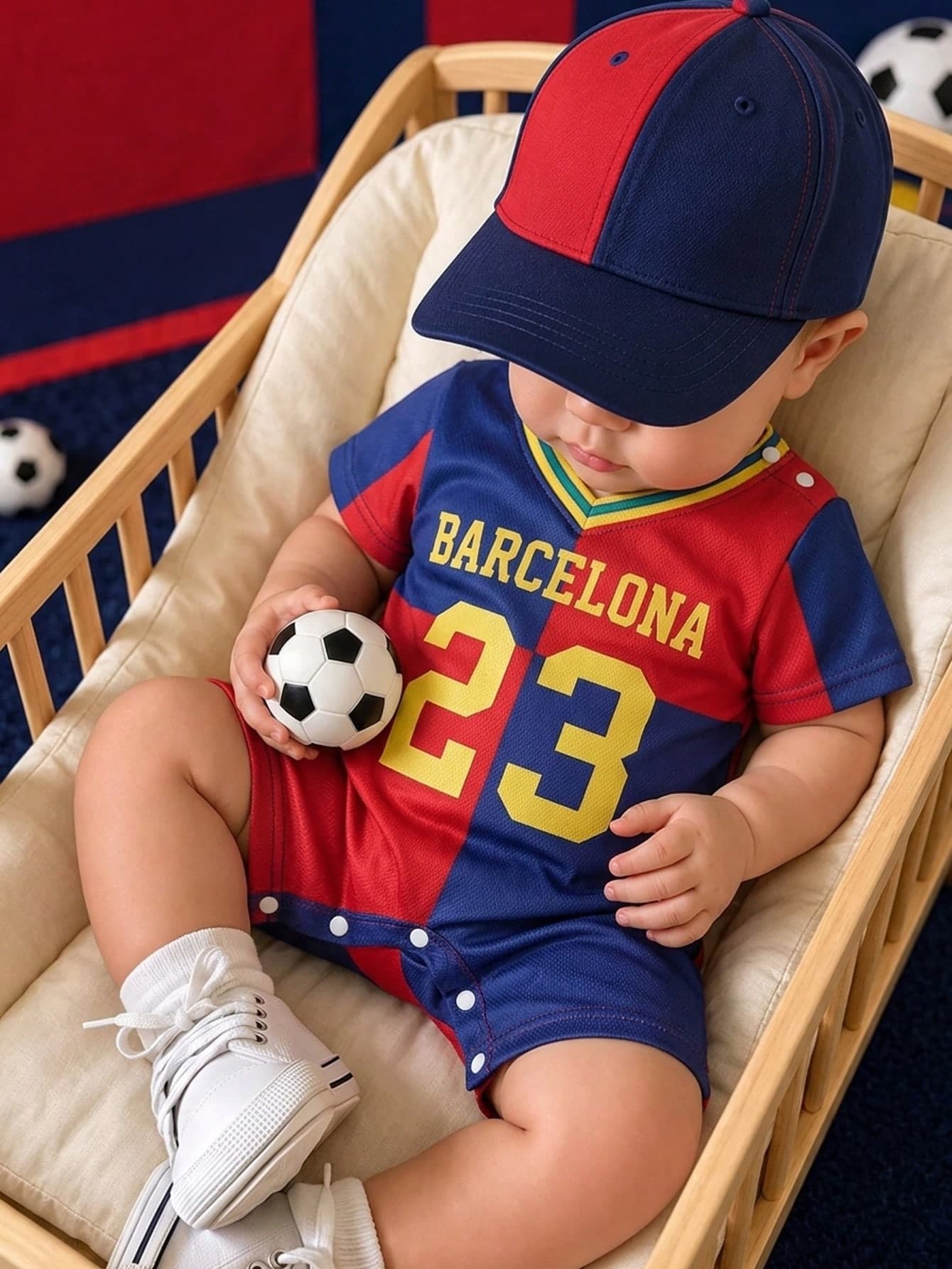 SHEIN Playful Pals 1pc Baby Boy Summer Barcelona Red & Blue Color Block Sporty Letter & Number Print Short Sleeve V-Neck Romper, Loose & Comfortable Fit, Suitable For Daily Outings, Sports, Play, Casual Trips, Family Gatherings, And Photos