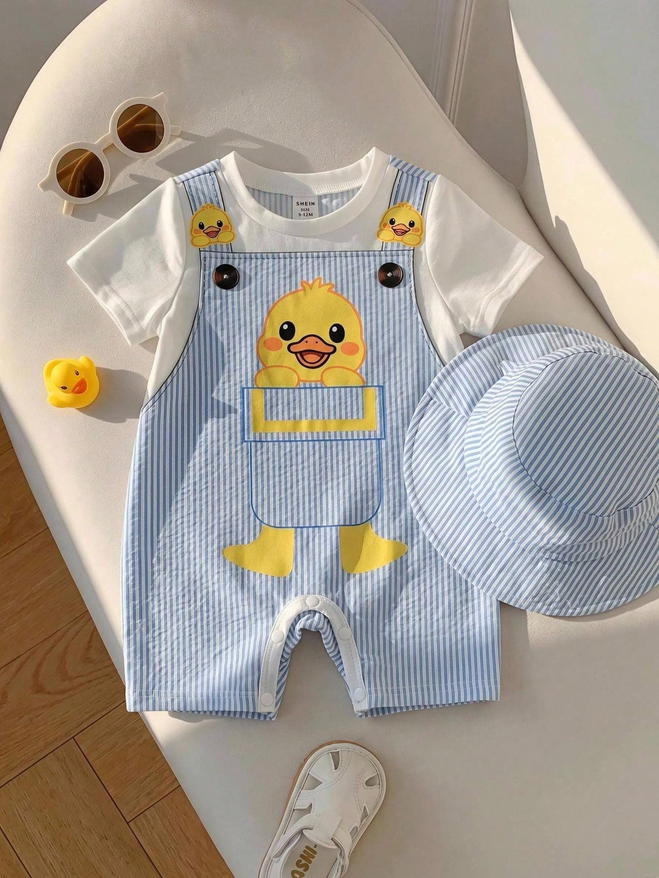 SHEIN Baby Boy Newborn Unisex Baby Clothes Baby Girl Cute Summer Casual Knit Cartoon Pattern Short Sleeve Romper Cute Romper Duck Romper Blue Striped Romper
