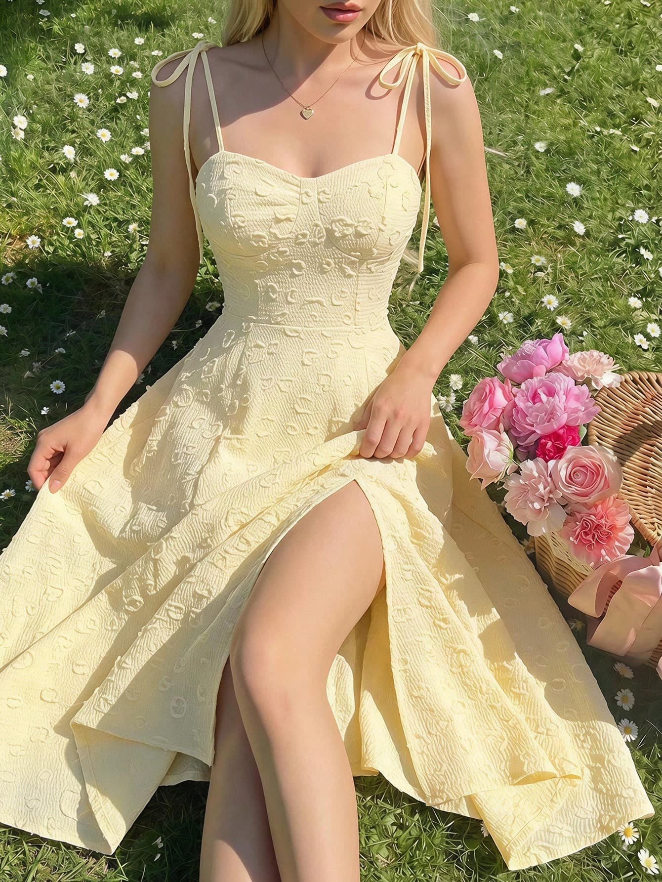 SHEIN MOD Women's Sweet & Cute Vacation Style Solid Color Jacquard Knot Shoulder Waist Cinched Long Camisole Dress, Summer