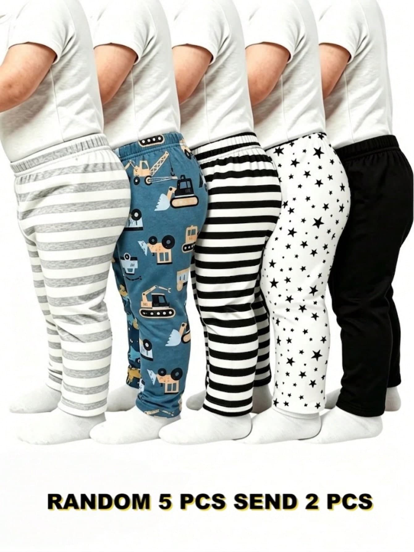 SHEIN Playful Pals Randomly Ships 2 Of 5  Cute Comfortable Minimalist Soft Casual Long Pants, Car Stripe Five-Pointed Star, Black And White Stripe