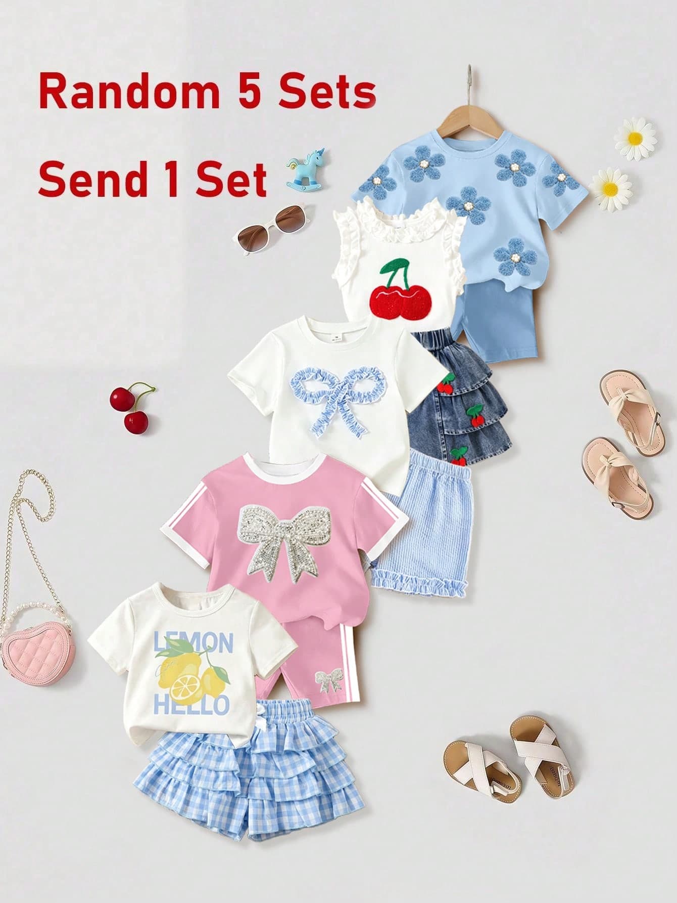 SHEIN Young Girl 2-Piece Set Summer Girls Clothing Surprise Box [Random 5 Sets, 1 Set Sent] Cute Sweet Outfit, Elegant Little Girl 2-Piece Pants Set, Children Fashion Set, Toddler Clothing, Spring/Summer Clothing Set, Fashionable Girl Outfit, New Style, Spring Vibe, Casual Outing Wear