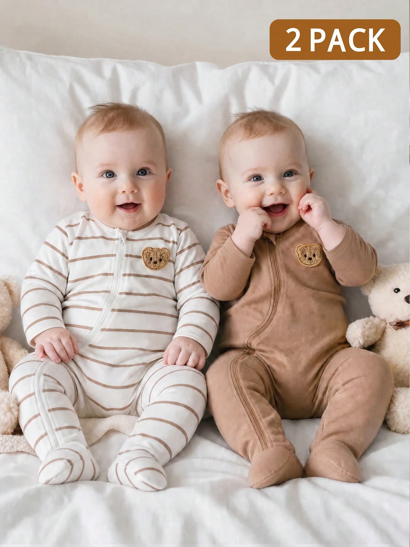 SHEIN 2pcs Newborn Baby BOY Romper White Brown Cute 3D Animal Patch Design Footed Full-Length Zipper Autumn Soft Skin-Friendly Fashion Clothing