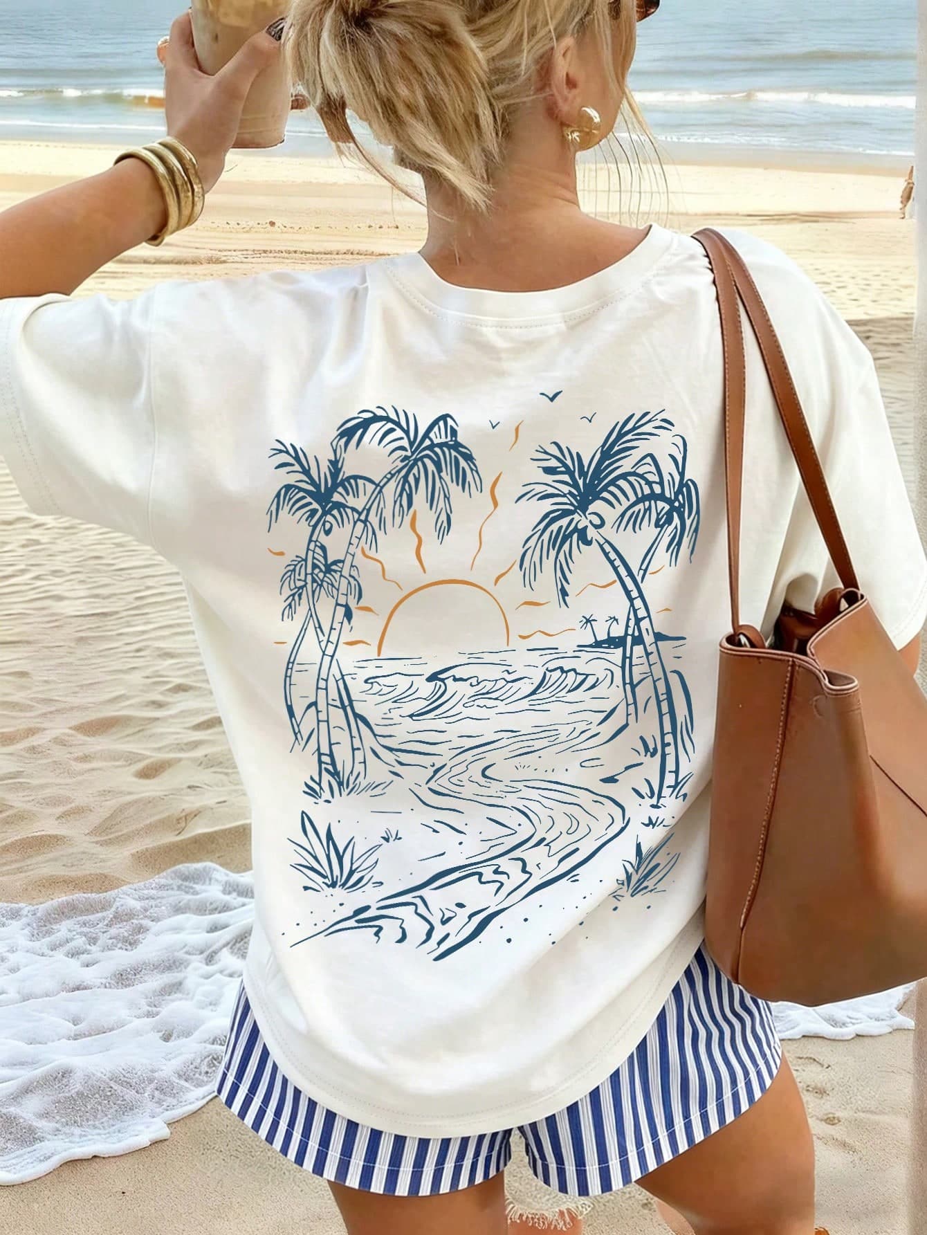INAWLY Summer Women's 2pcs Set: Round Neck Short Sleeve T-Shirt With Coconut Tree Print On Back And Striped Shorts Beach White Blue And White Striped Casual