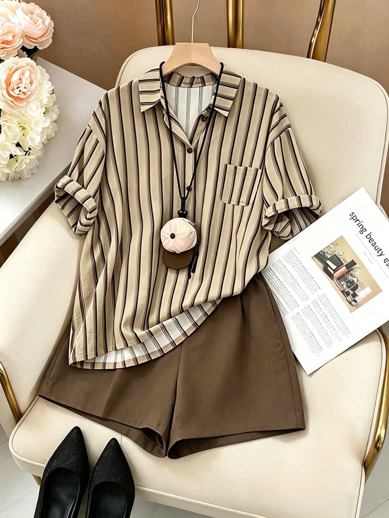 GlowEve Women's Striped Single-Breasted Shirt And Shorts Casual 2 Pieces Set