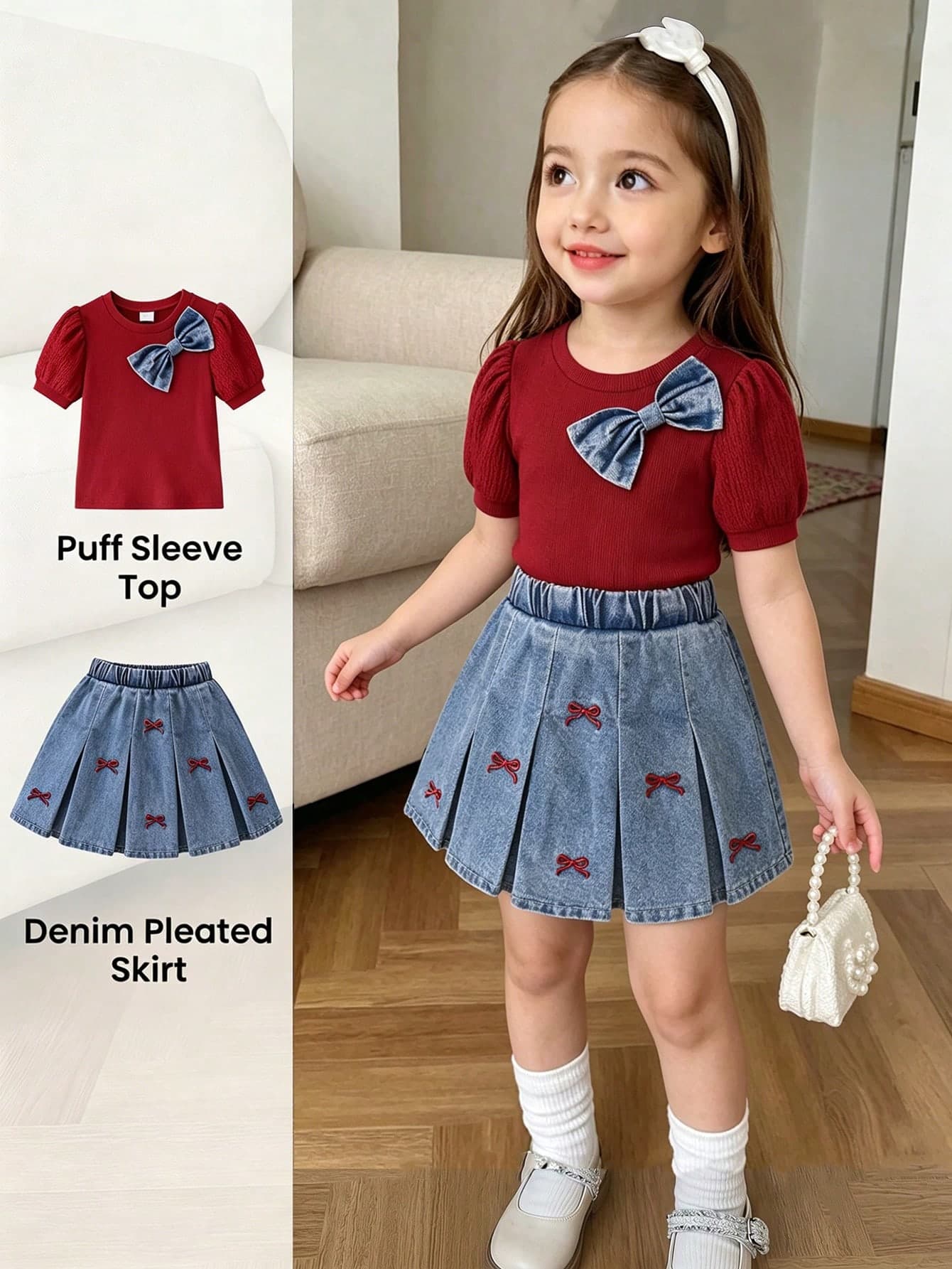 Elladie kids Young Girl Bow Decor Round Neck T-Shirt And Elastic Waist Pleated Denim Mini Skirt Casual Back-To-School Outfit Set School Summer