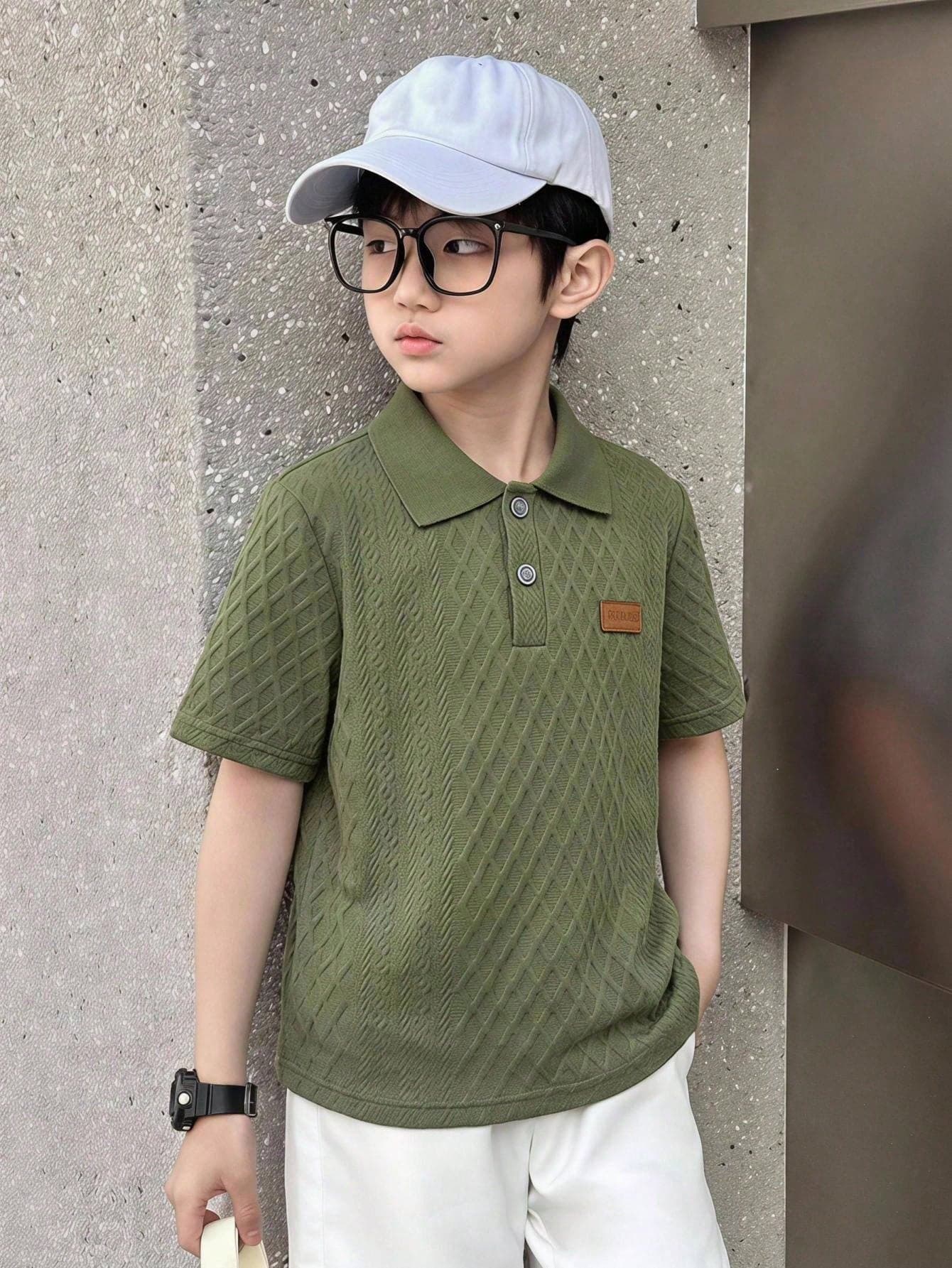 Vacaura Tween Boys' Solid Green Textured Polo Shirt, Diamond Waffle Knit Lapel Collar Short Sleeve Top With Leather Patch, Casual Preppy Summer Top