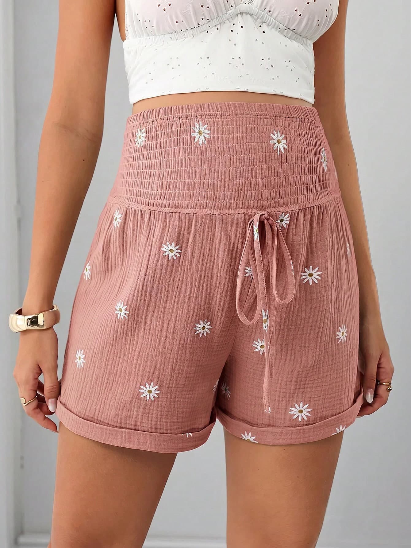 Momance Maternity Pure Cotton Daisy Print Waist Tie Shorts