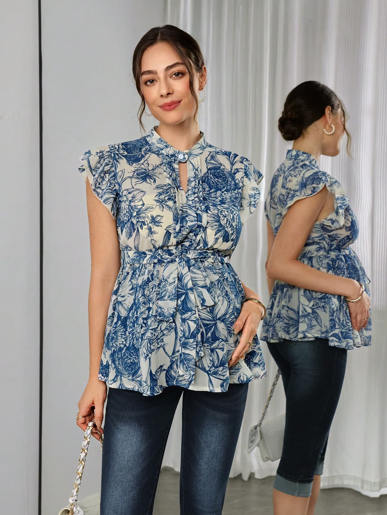 Momance-D Women's Blouse, Ruffle Chiffon Blouse With Puffy Sleeves, Elegant Navy Blue Blouse, Maternity Fashion Top