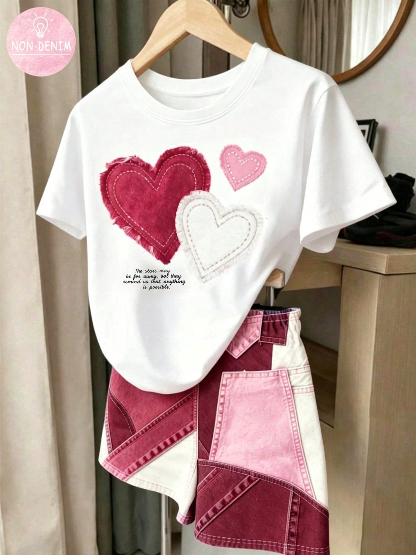 Girls' Faux Denim Heart Patch Applique Iron-On Graphic Short Sleeve Set, Summer New Korean Style Baby Casual 2-Piece Set, Children's Digital Print Patchwork Faux Denim Shorts, Summer Outfit, Viral Street Style, Young Girl Fashionable Sporty 2-Piece Set, Red Set