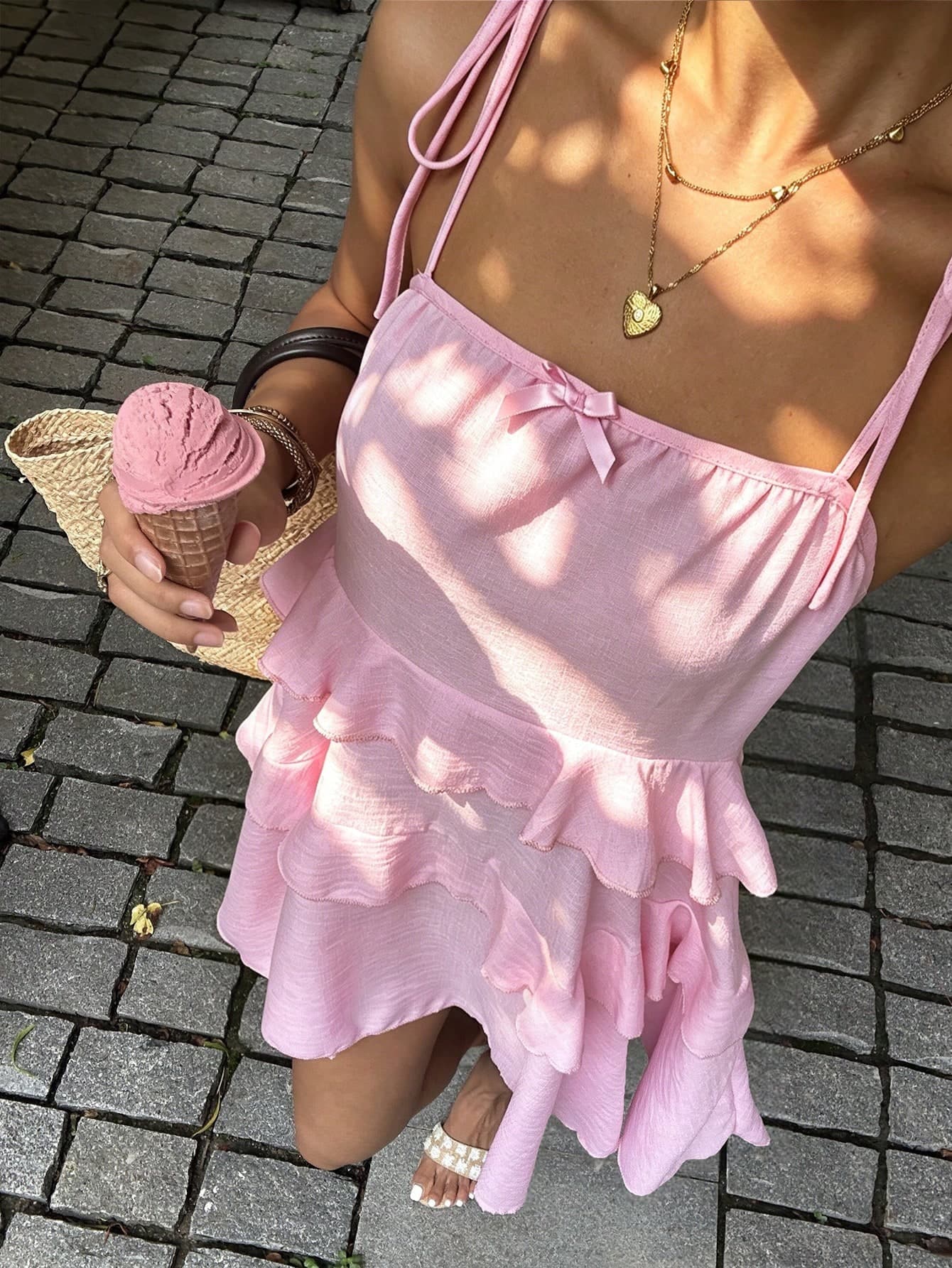 Sunnyshic Light Pink Multi-Layer Ruffle Cotton Bow Shoulder Strap Cake Mini Dress