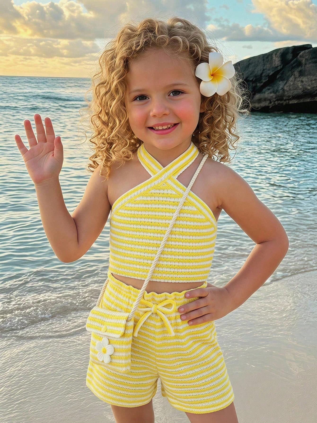 Young Girl Striped Criss-Cross Sleeveless Knit Top And Shorts 2 Pieces Set
