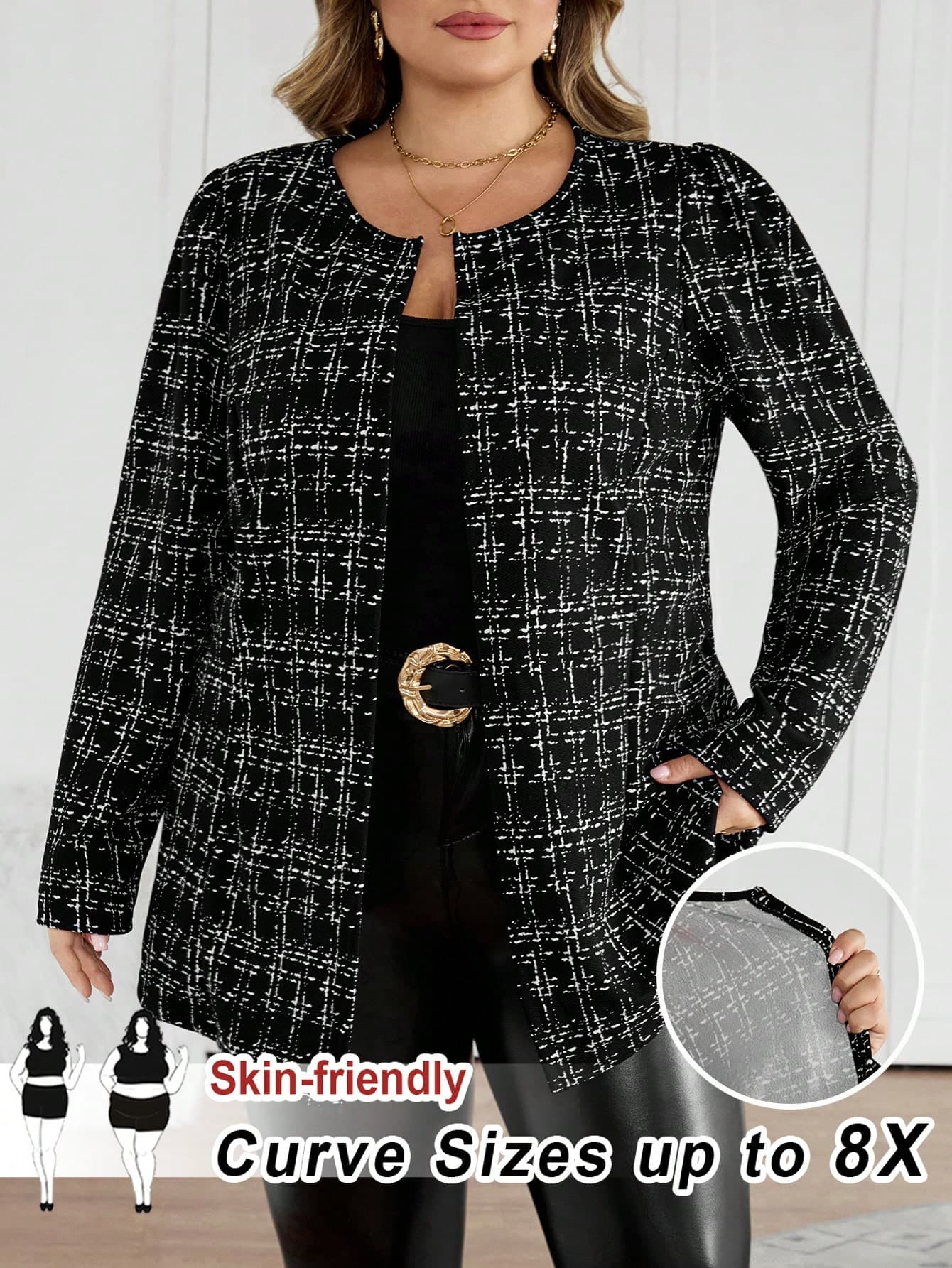 SHEIN CURVE+ Plus Size Plaid Casual Jacket For Commuting, Autumn/Winter Fall