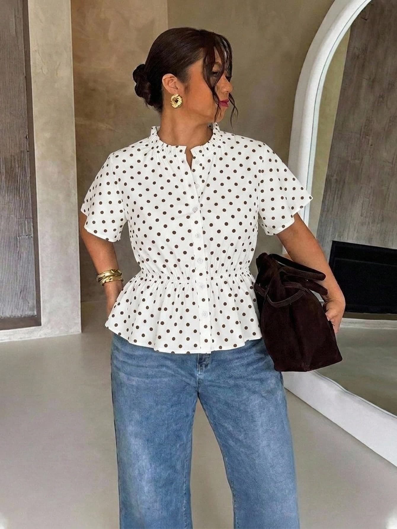 Firerie Women's Plus Size Polka Dot White Summer Elegant Formal Shirt, Solid Color Pleated Short Sleeve Pullover Blouse, Suitable For Weddings, Graduation Ceremonies, Holidays, Vacations And Other Occasions.