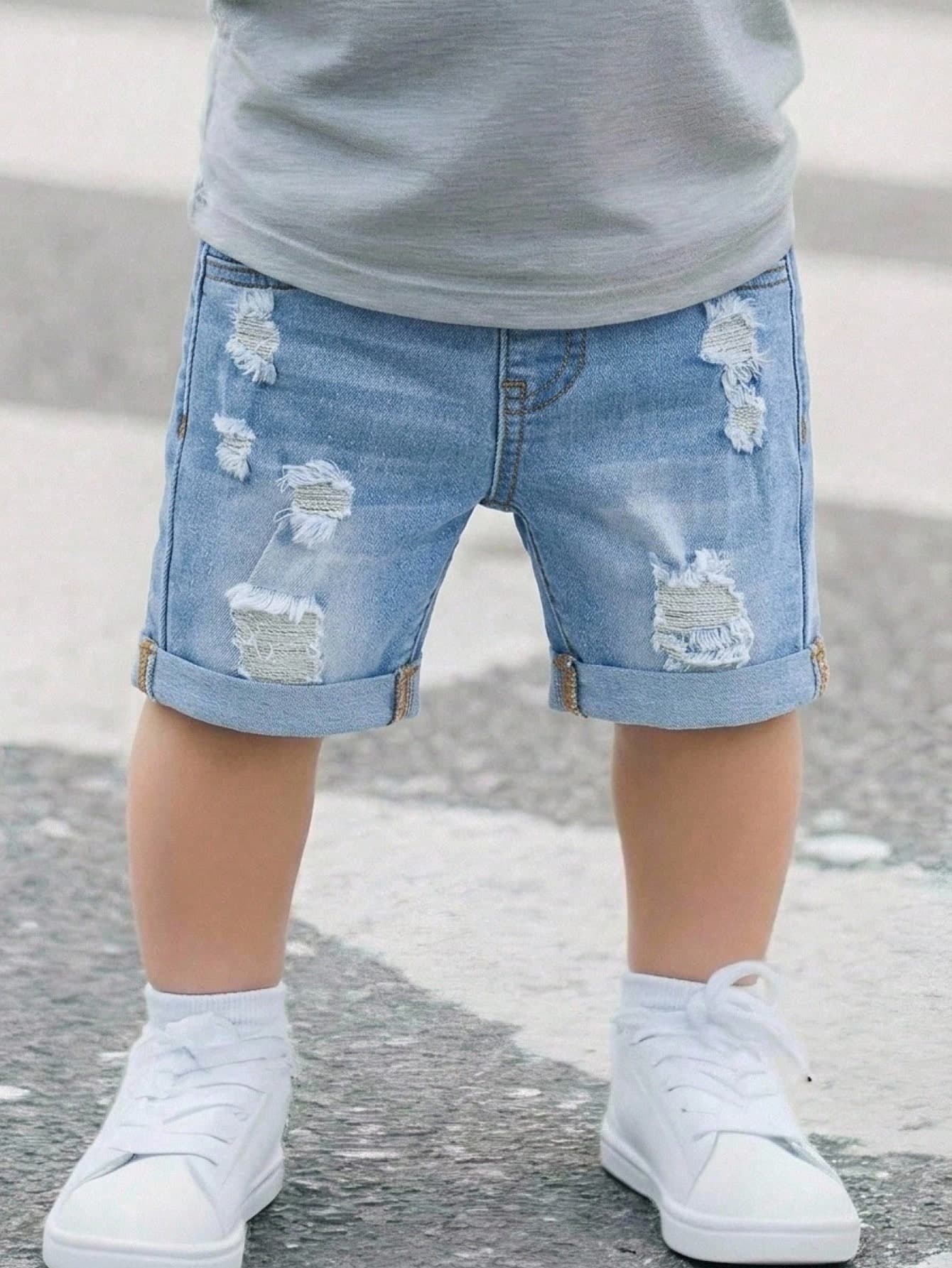 SHEIN Baby Boy  Distressed Casual Soft Ripped Frayed Light Blue Denim Stretch Skinny Jeans Shorts,Summer/Fall,Boys Playful Dailywear Outfits,Toddler Shorts