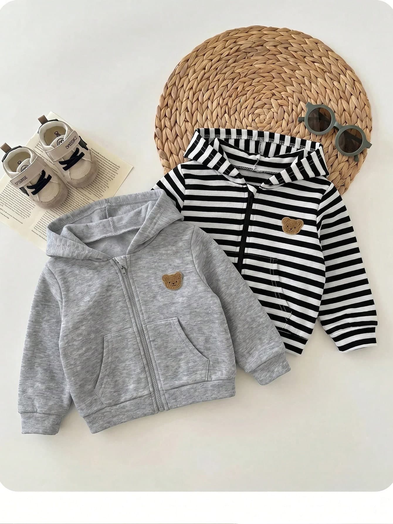 Baby Boy Cute Versatile Casual Knit Cartoon Pattern Striped Hooded Autumn Winter Jacket 2pcs -Piece Set