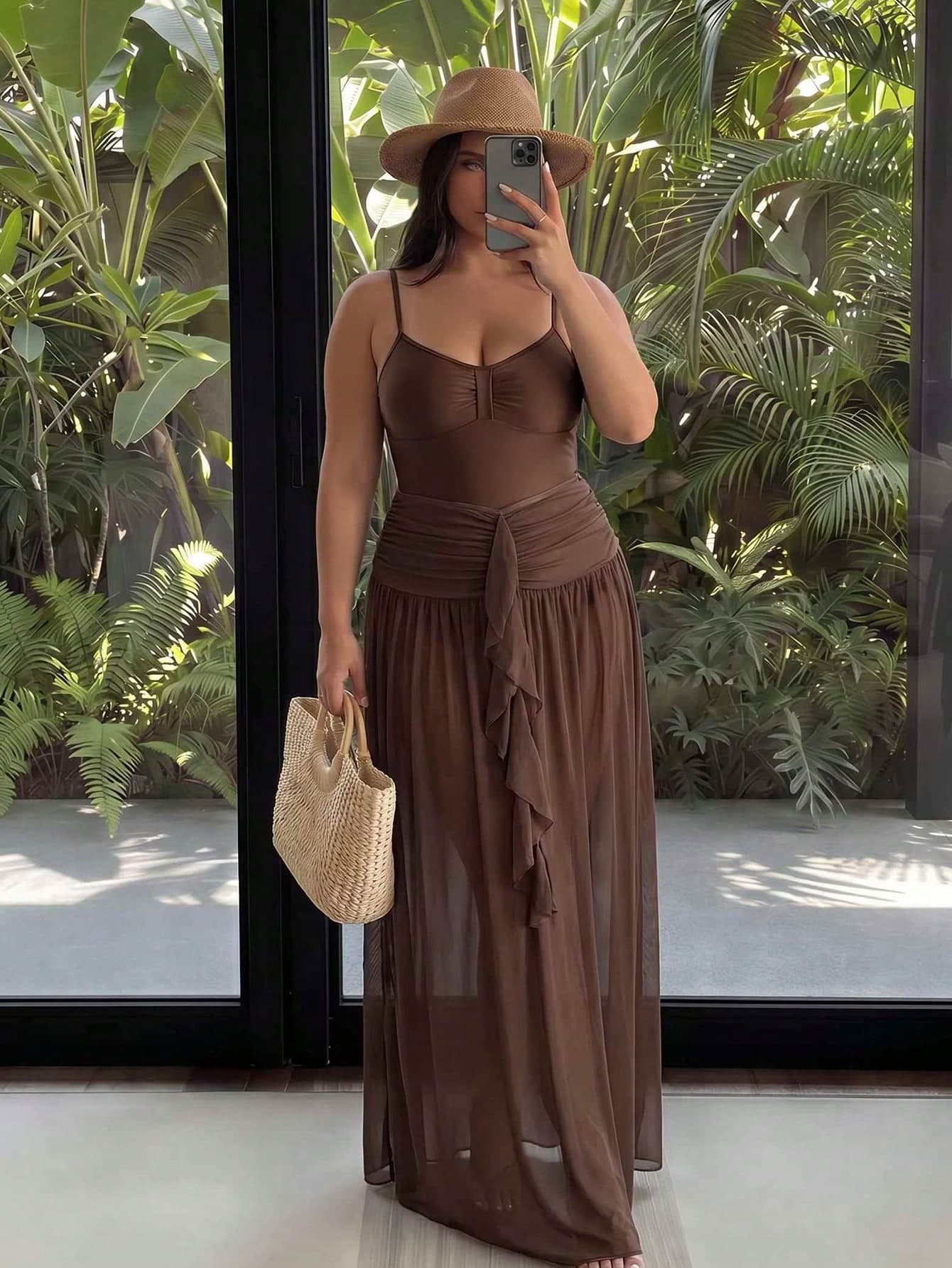 Swim Oasis 2026 New Spring/Summer Plus Size 2-Piece Dark Brown Large Scoop Neck Adjustable Shoulder Strap One-Piece Swimsuit With Mesh Ruffle Design Skirt Swimwear Set, Suitable For Women's Premium Beach Vacation Wear