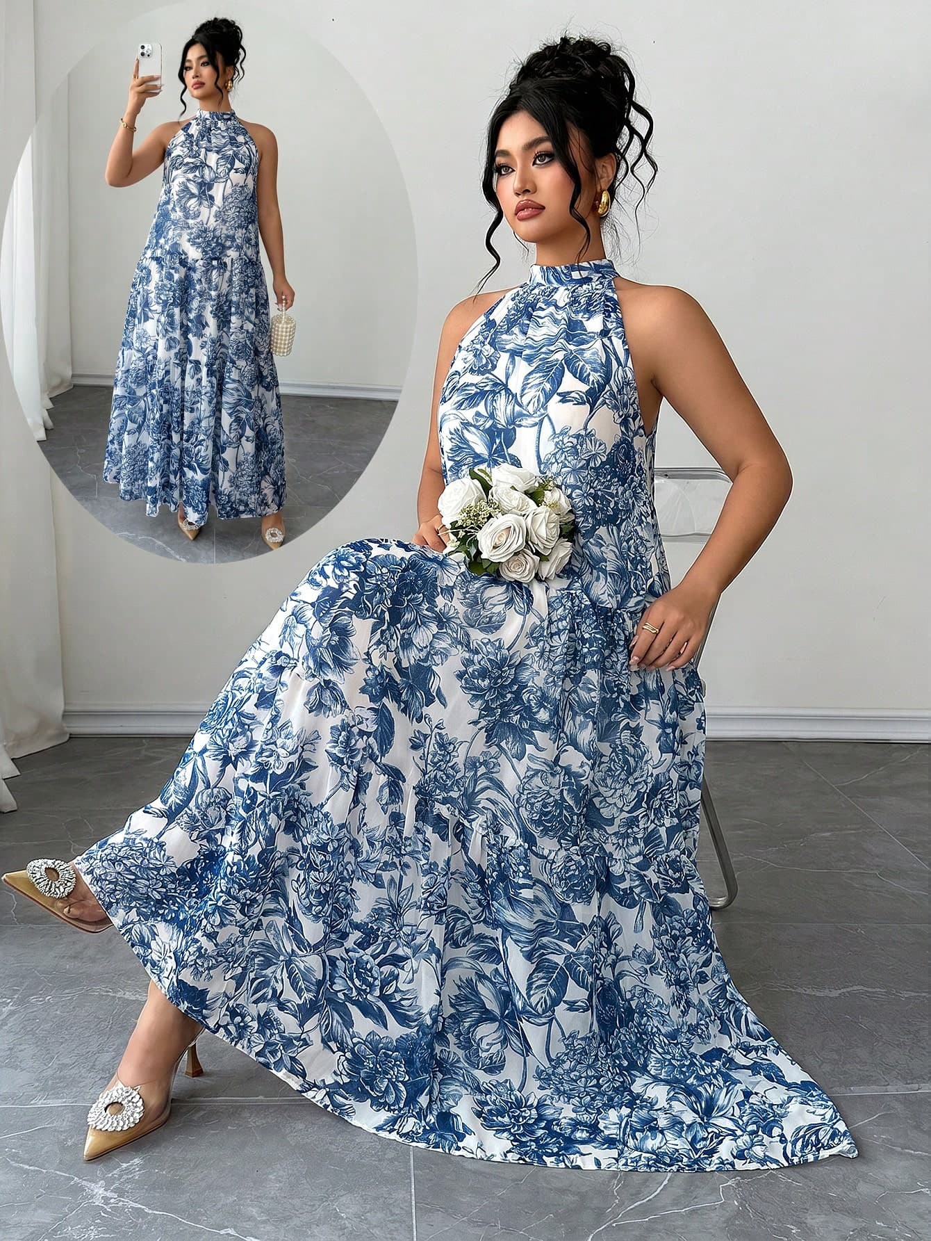 Elenzga Plus Size Floral Summer Maxi Dress, Halter Neck Tiered Flowy Beach Wedding Guest Pre-Wedding Party Dress, Plus Size Bohemian Floral Halter Neck Maxi Dress, Women's Sleeveless Tiered Flowy Summer Beach Vacation Maxi Dress, Plus Size Floral Halter Neck Maxi Dress, Sleeveless Tiered Flowy Bohemian Maxi Dress, Plus Size Women's Summer Vacation Outfit
