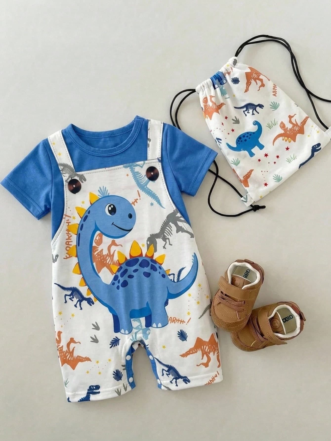 SHEIN Newborn Baby Boy Baby Boy Summer Vacation Casual Cute Versatile Dinosaur Print 2 In 1 Overalls Romper