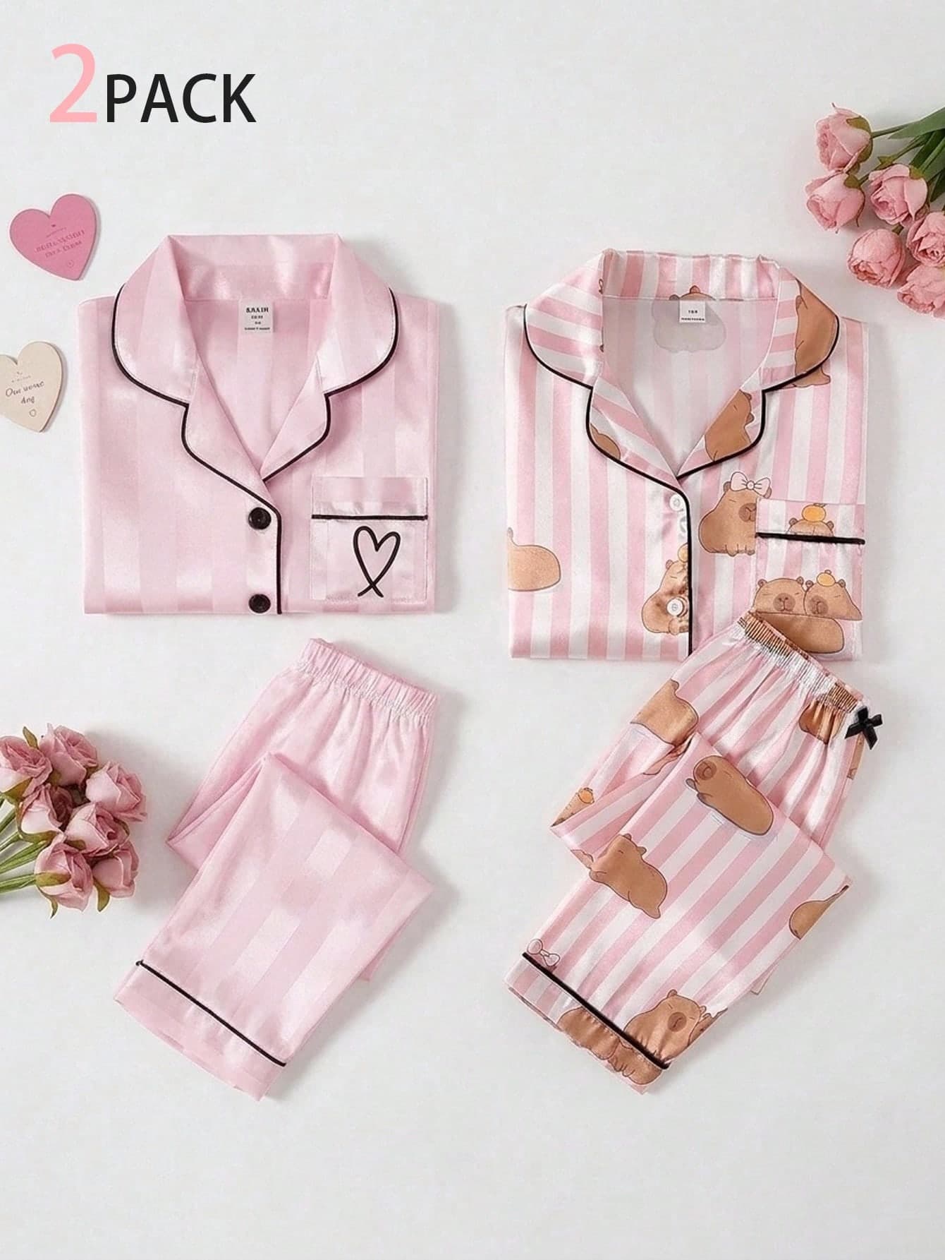 SHEIN Vintaside Kids Girls' Pink Striped Cute Capybara Print Faux Silk Contrast Trim Long Sleeve Long Pants Button-Up Fashionable Lapel Casual Loungewear Set