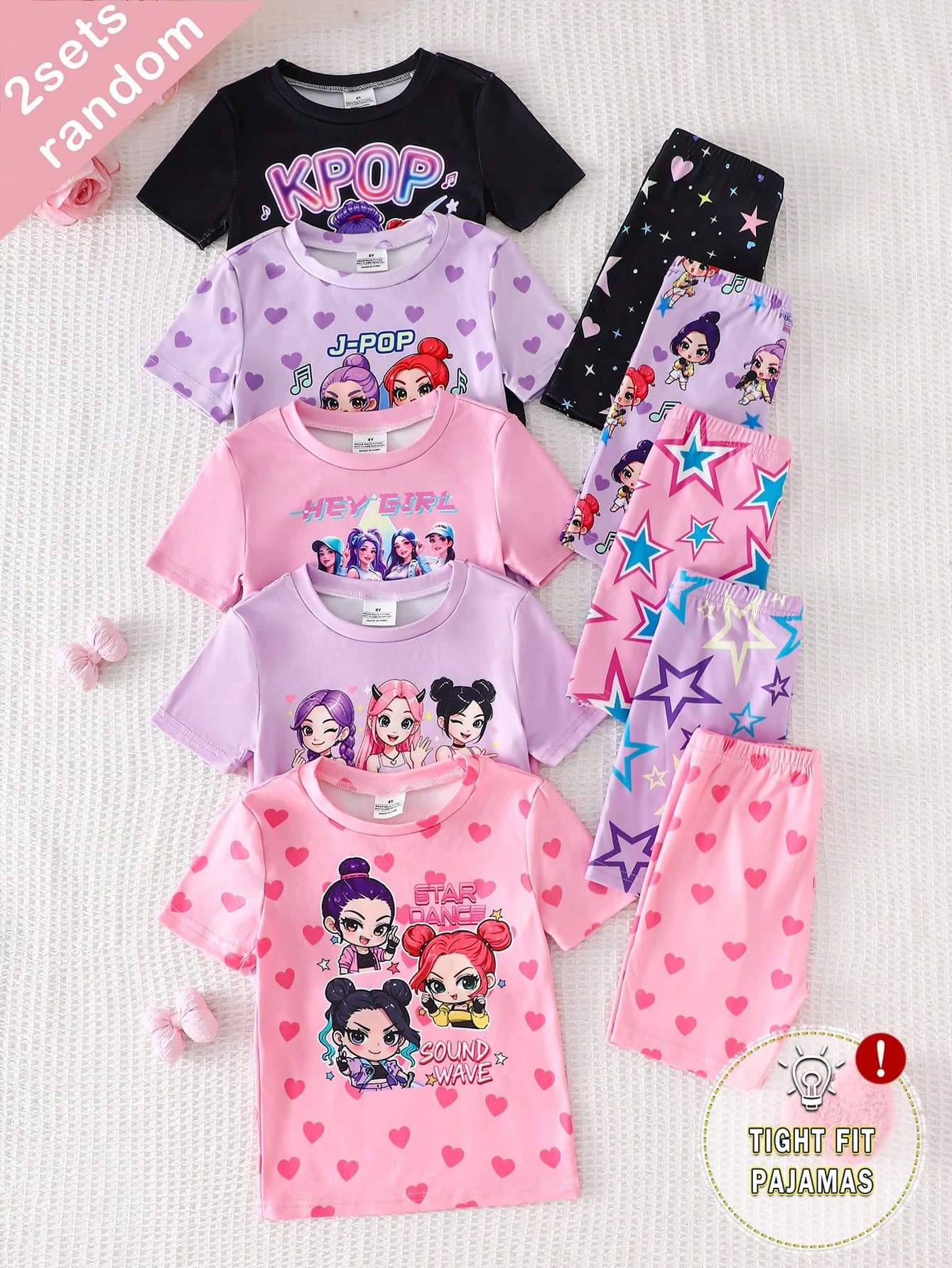5pcs/Set Toddler Girls' Cute Elegant Casual Comfortable Soft Knit Heart & Star Print Short Sleeve Top And Shorts Pajama Set, Summer (Random 2 Sets Shipped)