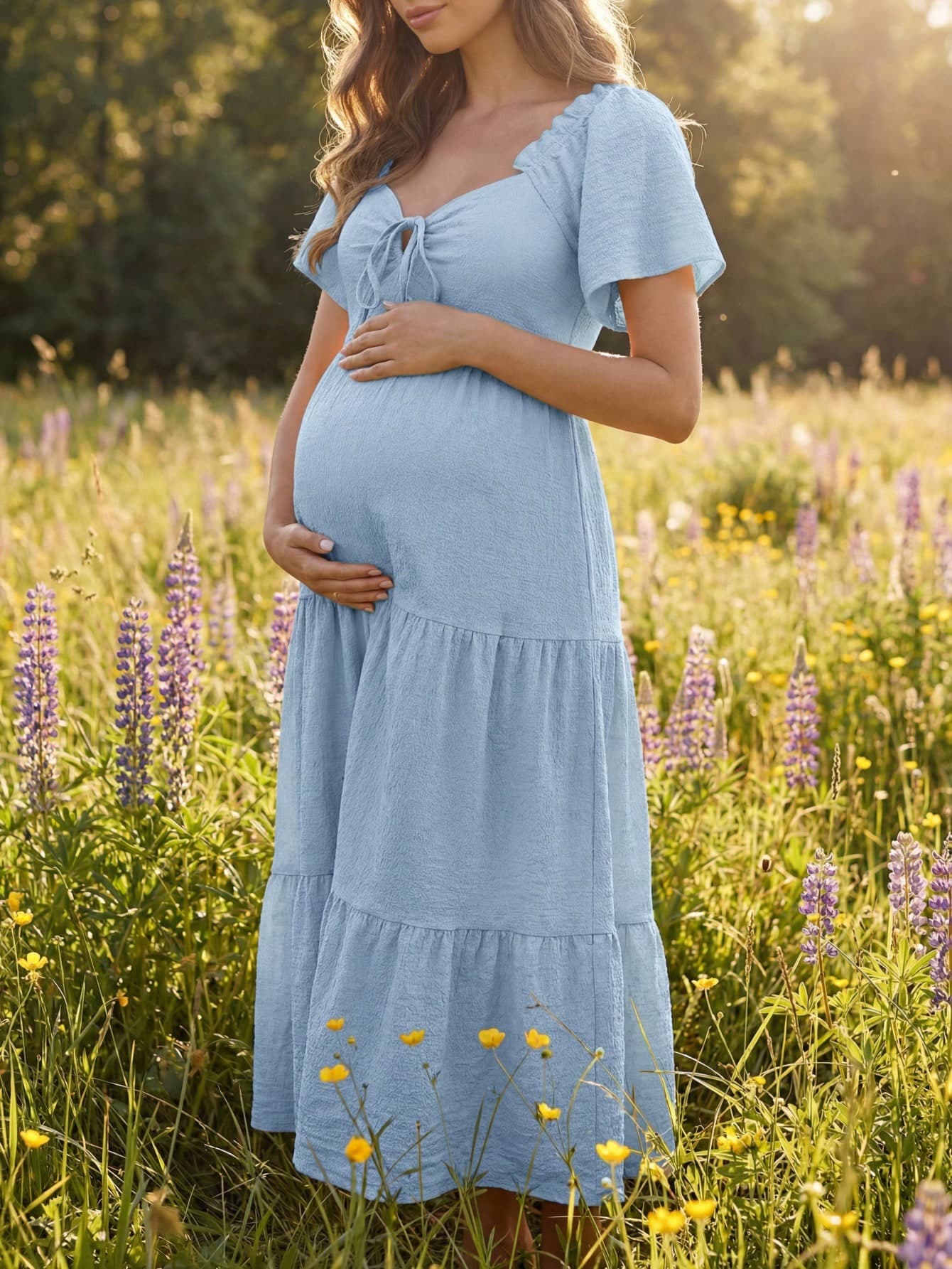 Boho Mama Maternity Solid Color Front Tie Raglan Short Sleeve Elegant Maternity Dress Photoshoot Light Blue Summer