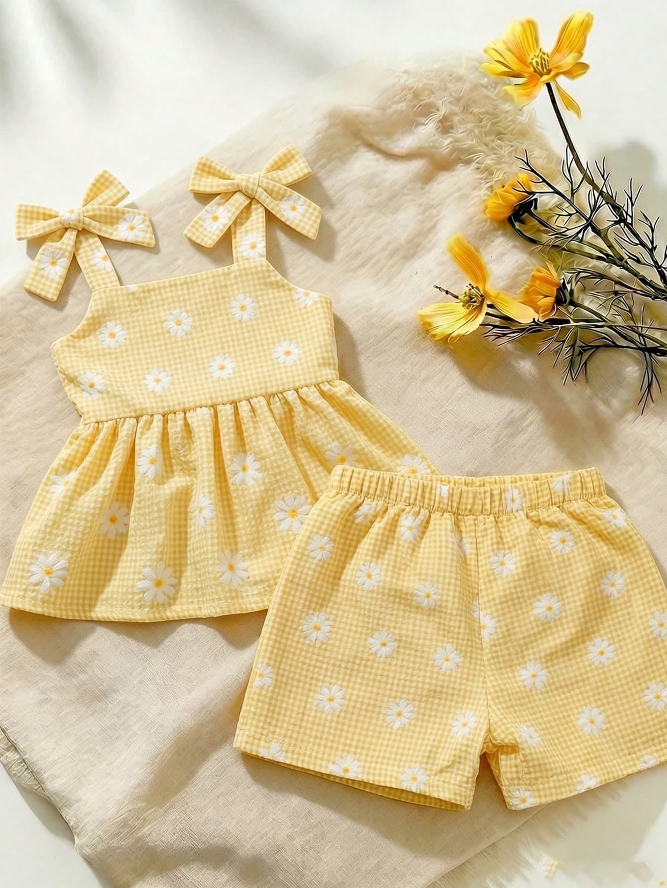 SHEIN Vintaside Kids 2pcs Toddler Young Girl Cute Y2K Yellow Floral Daisy Gingham Bow Tie Shoulder Babydoll Tank Top Soft