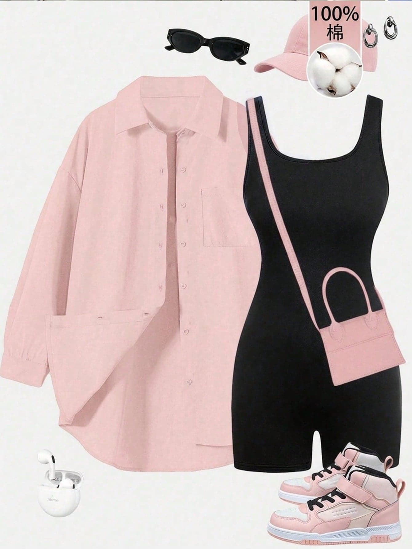 SHEIN Essnce Cotton Y2K Streetwear 2pcs Matching Set: Oversized Shirt & Slim Black Bodysuit Shorts - Women's Athleisure Outfits For Airport Travel, Summer Casual (Tracksuit Set)