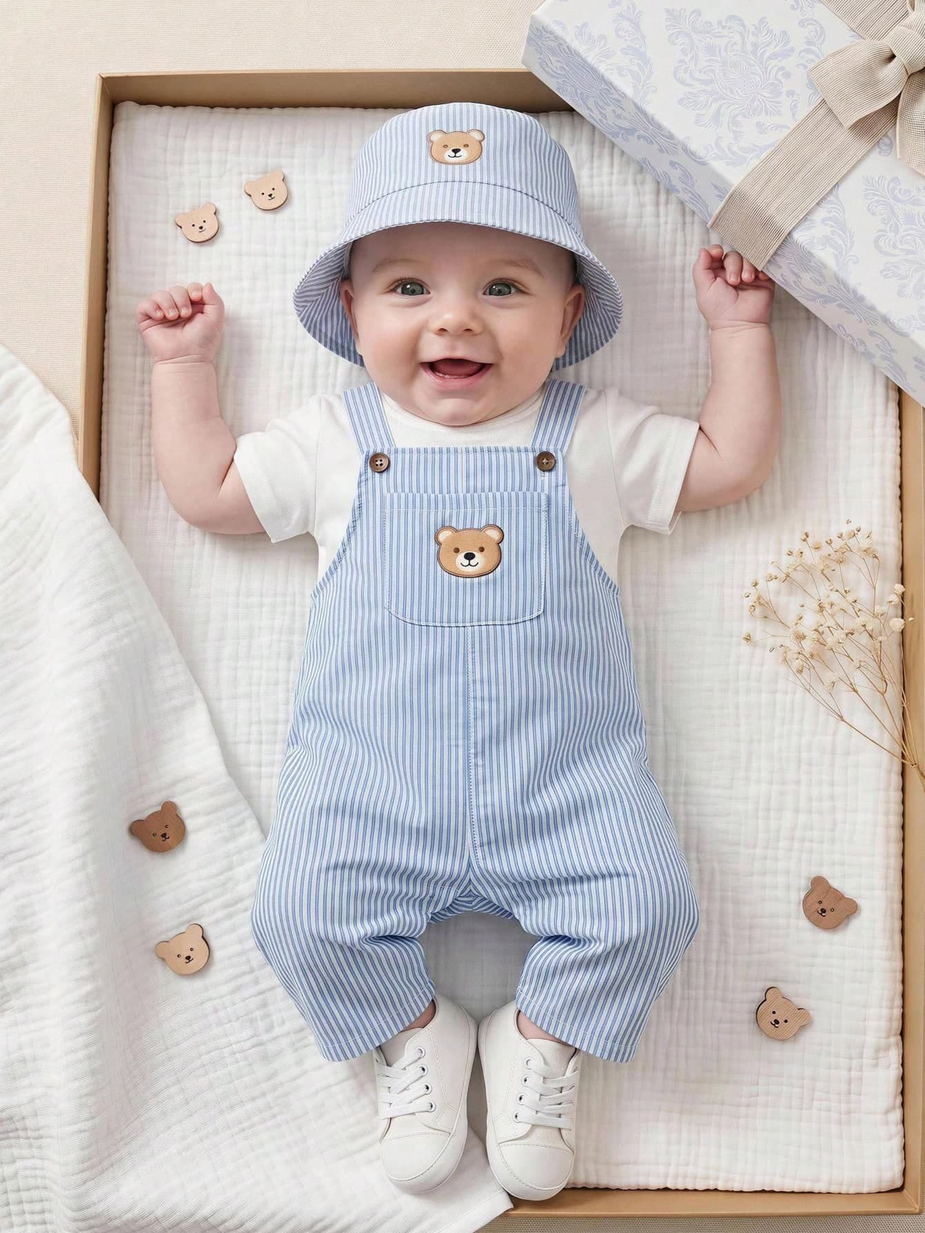 Souflis Souflis 1pc Baby Boys Vintage Cool Cute Cartoon Bear Print Suspenders Long Pants, Light Blue Versatile Casual Fashion Daily Wear Comfortable Adjustable Shoulder Straps Summer New Style