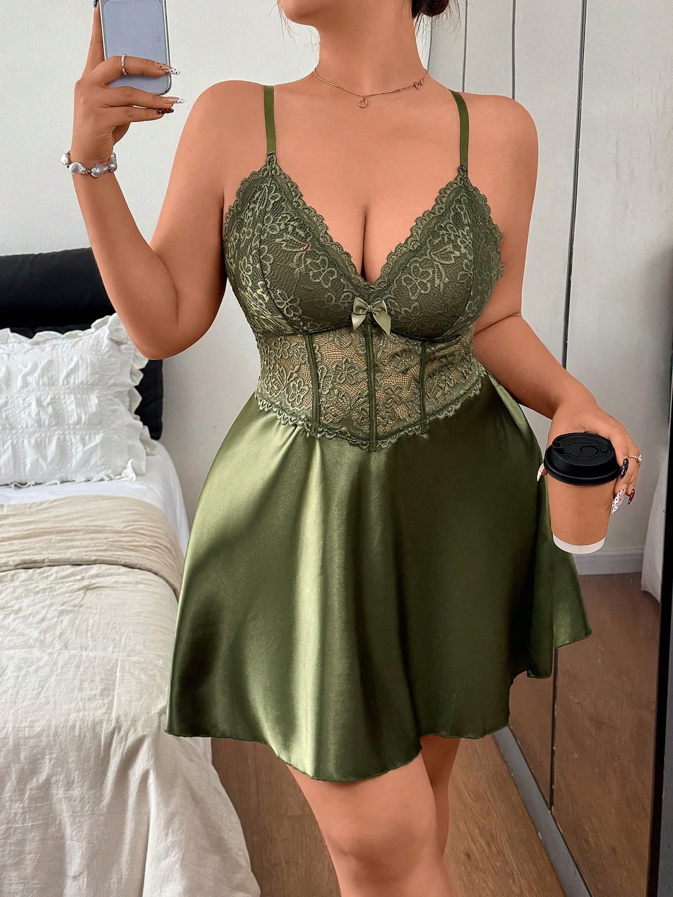 Napfluff CURVE Napfluff CURVE Mature Sexy Lace Boned Corset Faux Silk Satin Bow Knot Plus Size Women's Camisole Nightgown