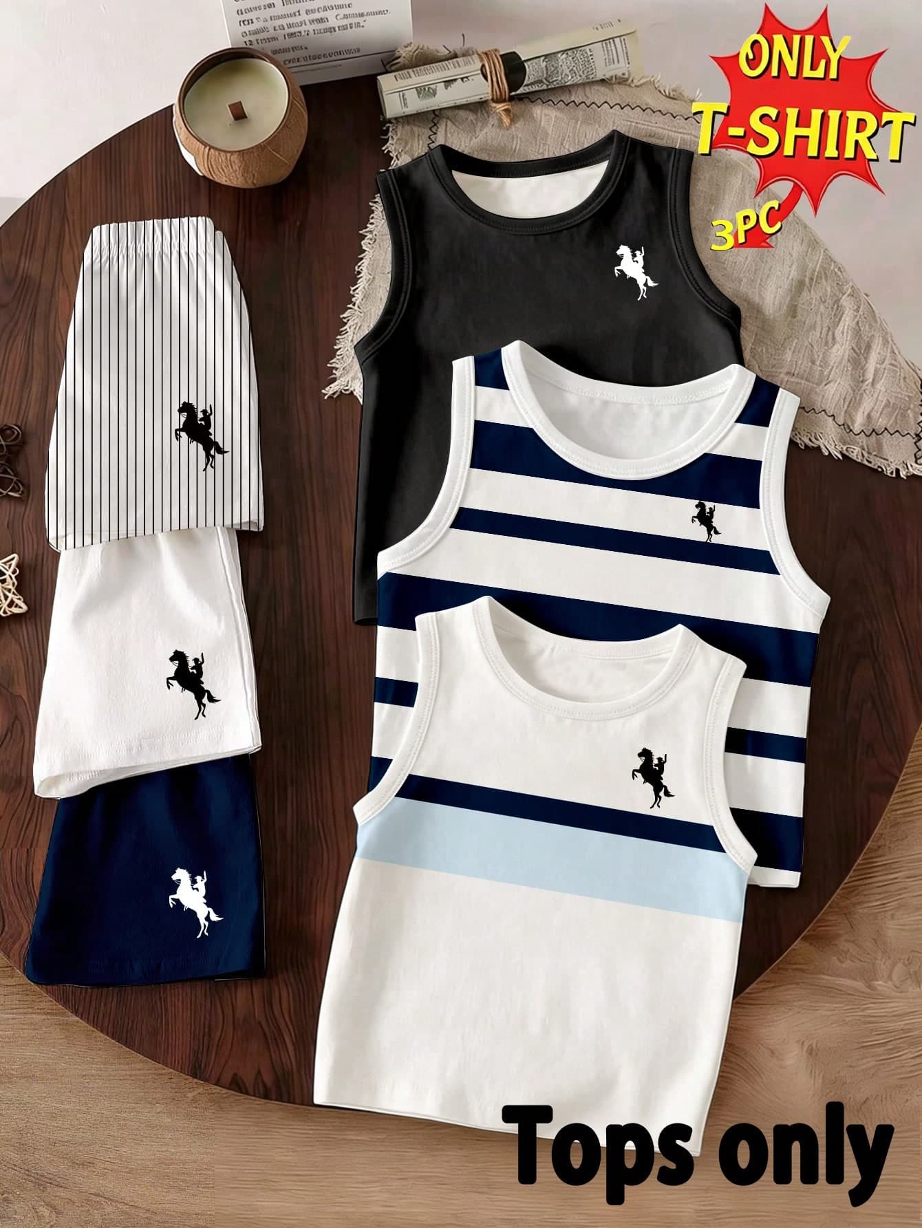 Souflis Souflis 3pcs Baby Boys Casual Summer Striped Print Pony Pattern Tank Tops, Round Neck Soft Tank Tops, Summer Outfits