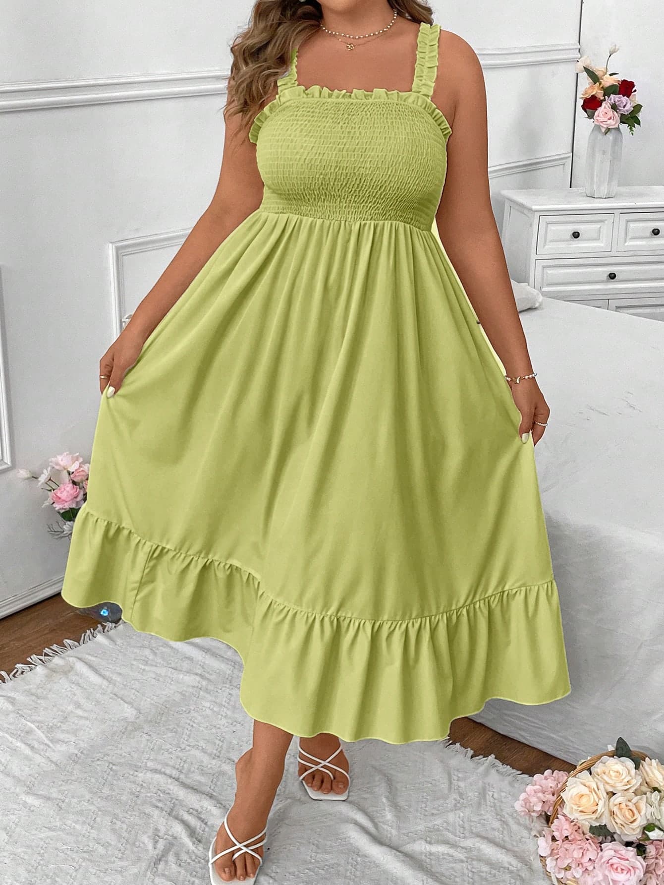 Vionelle Plus Size Summer Casual Solid Color Cami Dress Maxi Women Outfit