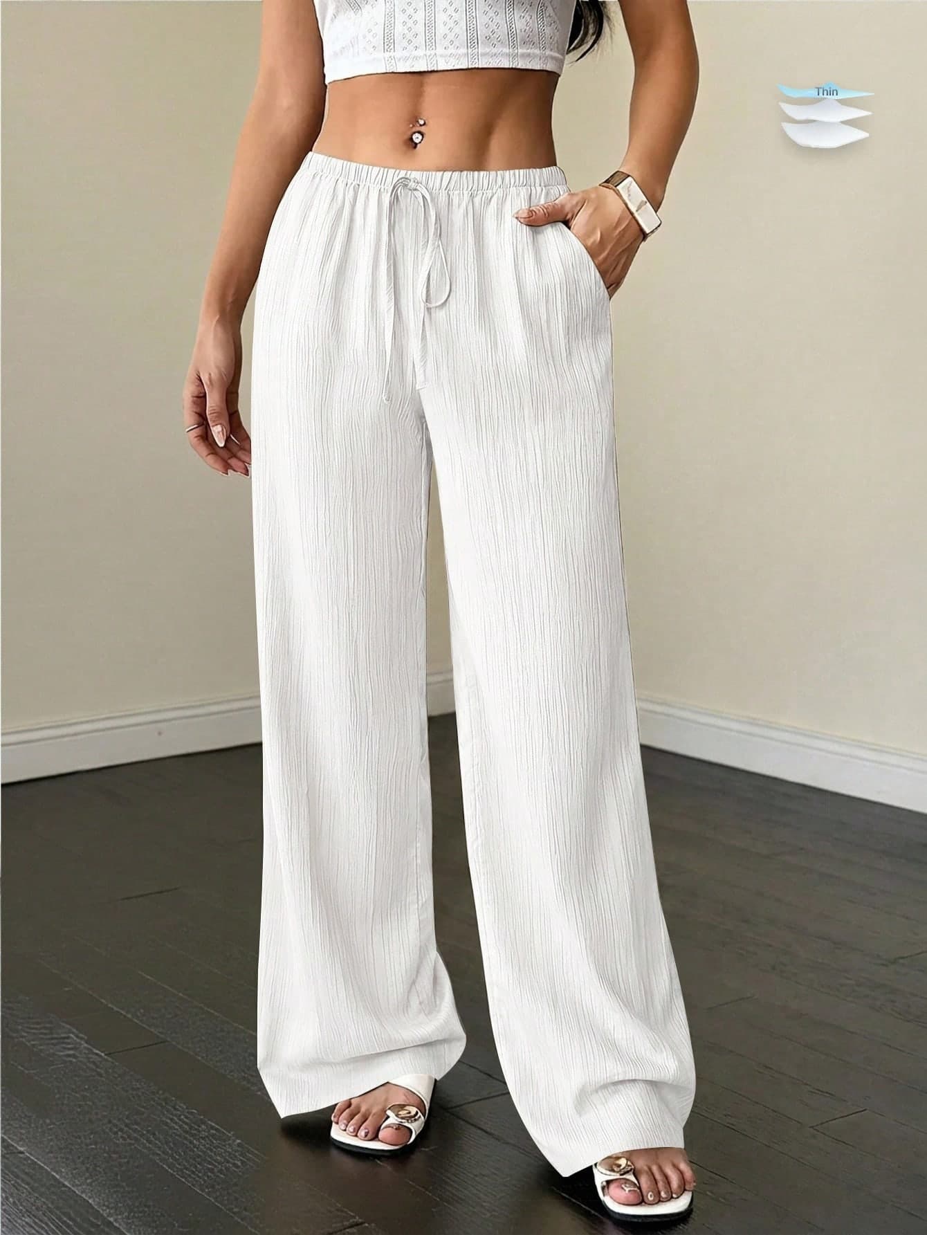 SHEIN PETITE Women's Textured Waist Drawstring Casual Pants ,Petite Women