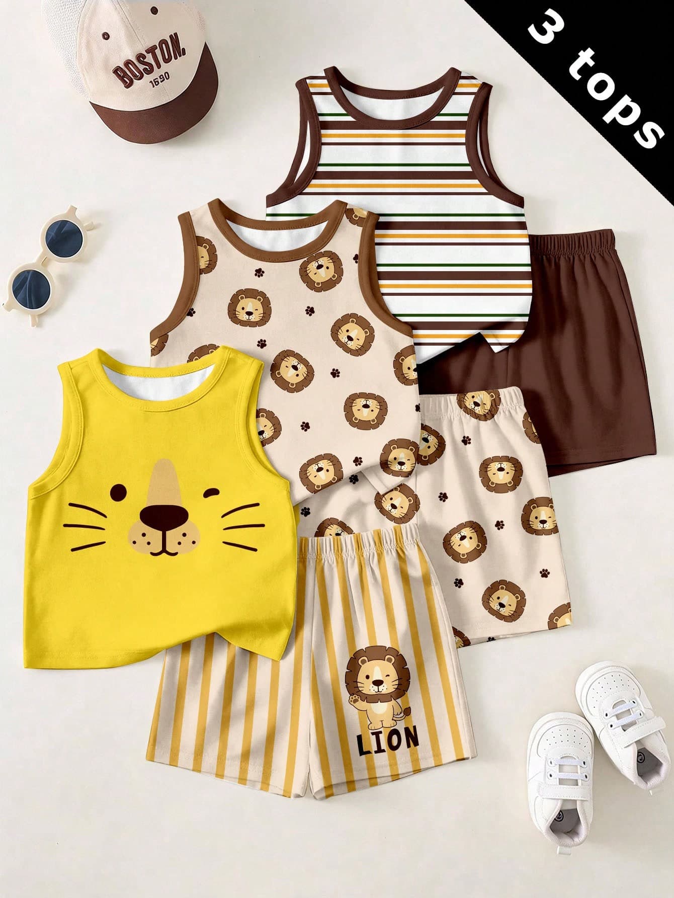 Baby Boy Casual Simple Tank Top 3pcs Set For Summer, Classic Cute Cartoon Hand-Drawn Bear, Lion Pattern Print, Classic Striped Pattern Print