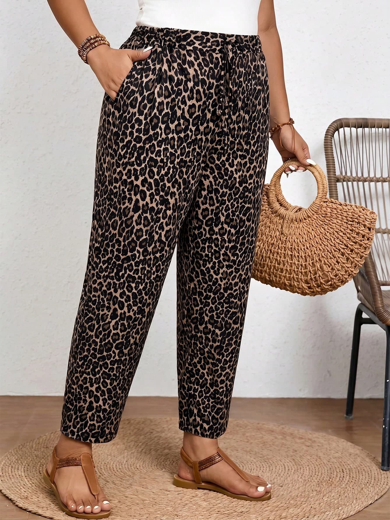 SHEIN Frenchy Plus Size Solid Color Casual Trousers With Elastic Waist And Diagonal Pockets Casual Vacation Daily Going Out Pants For Women Leopard Print Pant Women