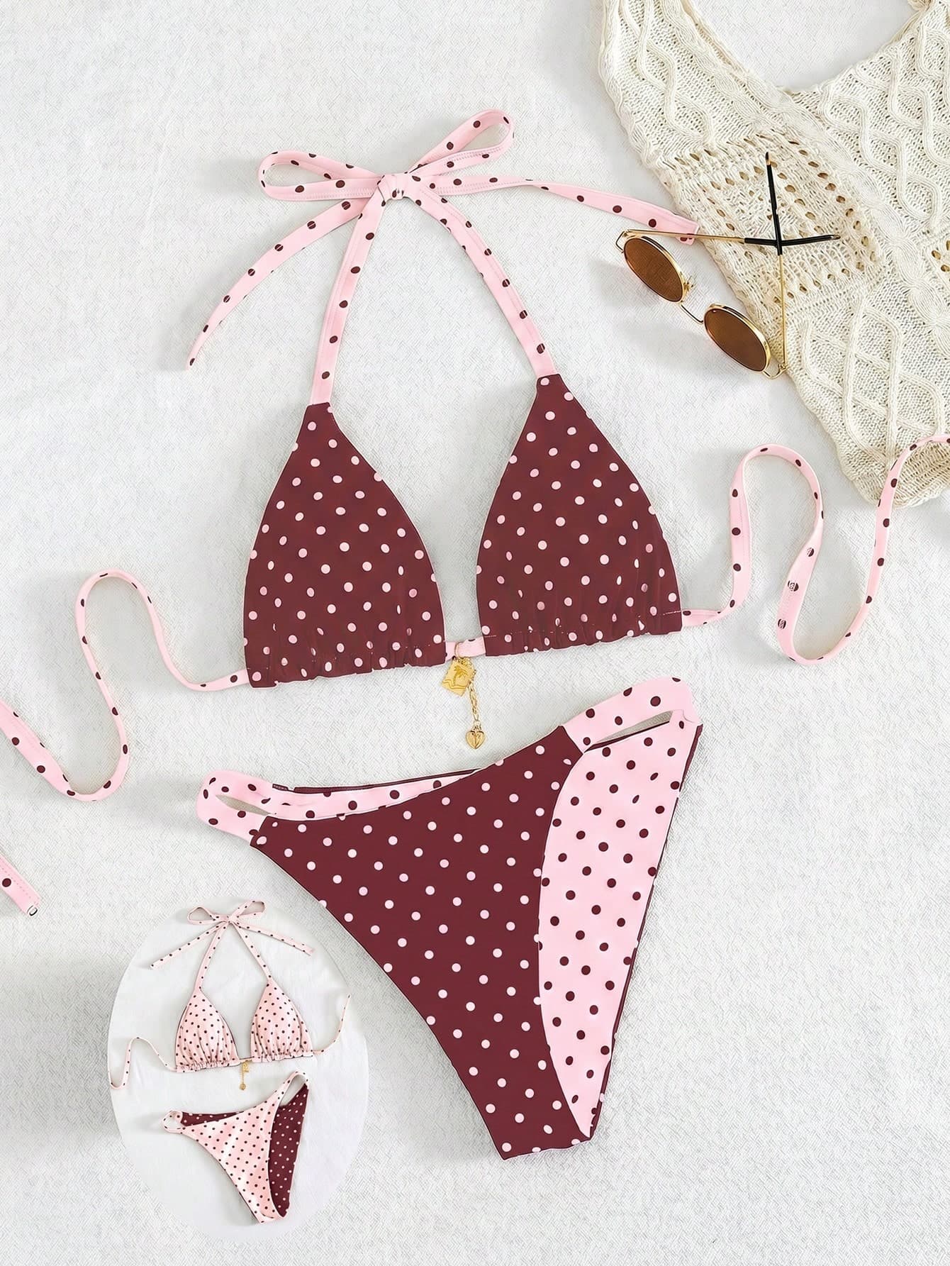 Swim Mod 2026 New Spring/Summer Plus Size 2-Piece Reversible Polka Dot Random Print Sweet Cute Bikini Set For Women, Suitable For Summer Beach Beach Vacation