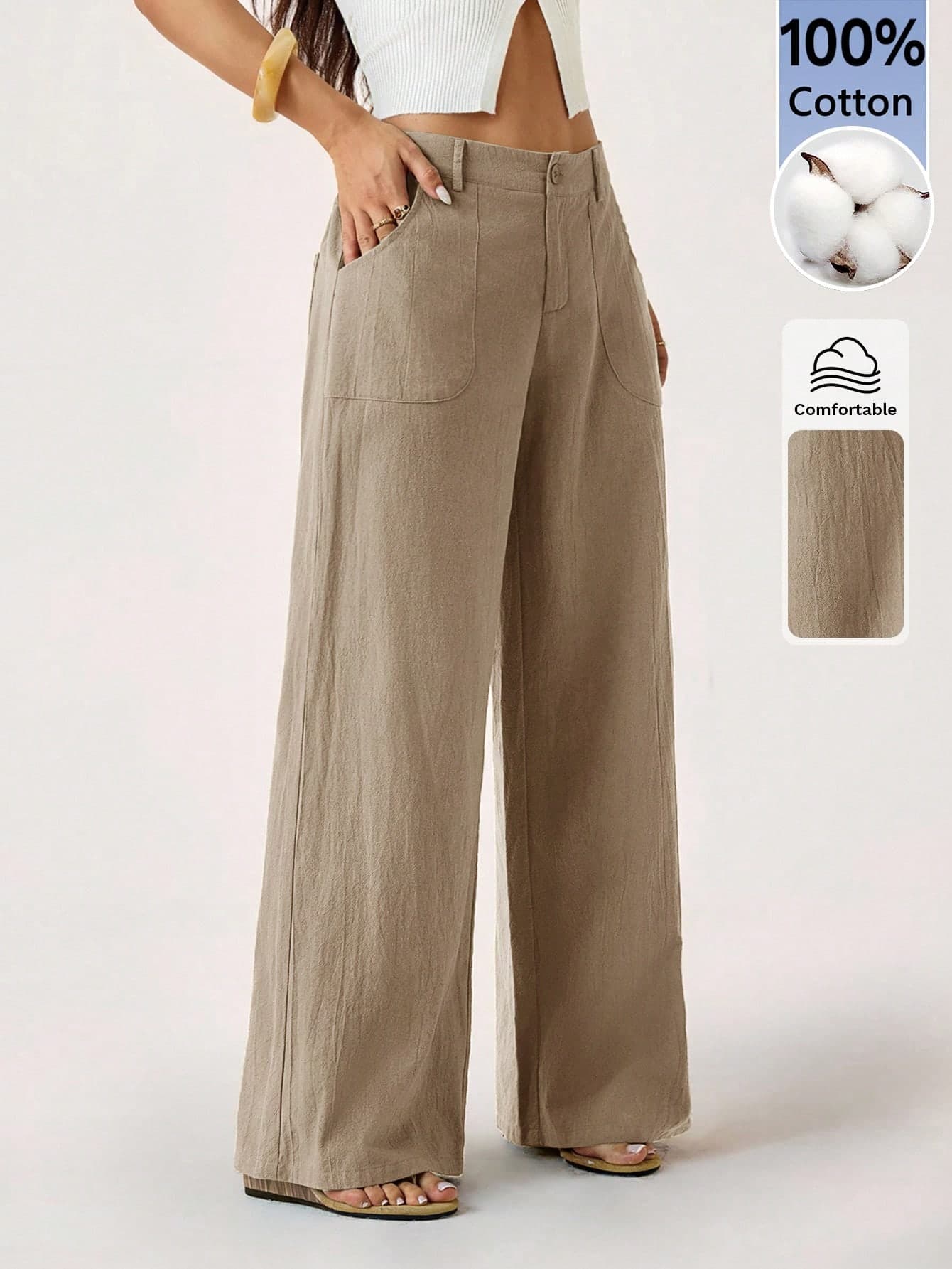 SHEIN PETITE 100%Washed Cotton Low Waist Straight Pants Linen For Women Summer Wide Leg Fall, Clothes ,Petite Women