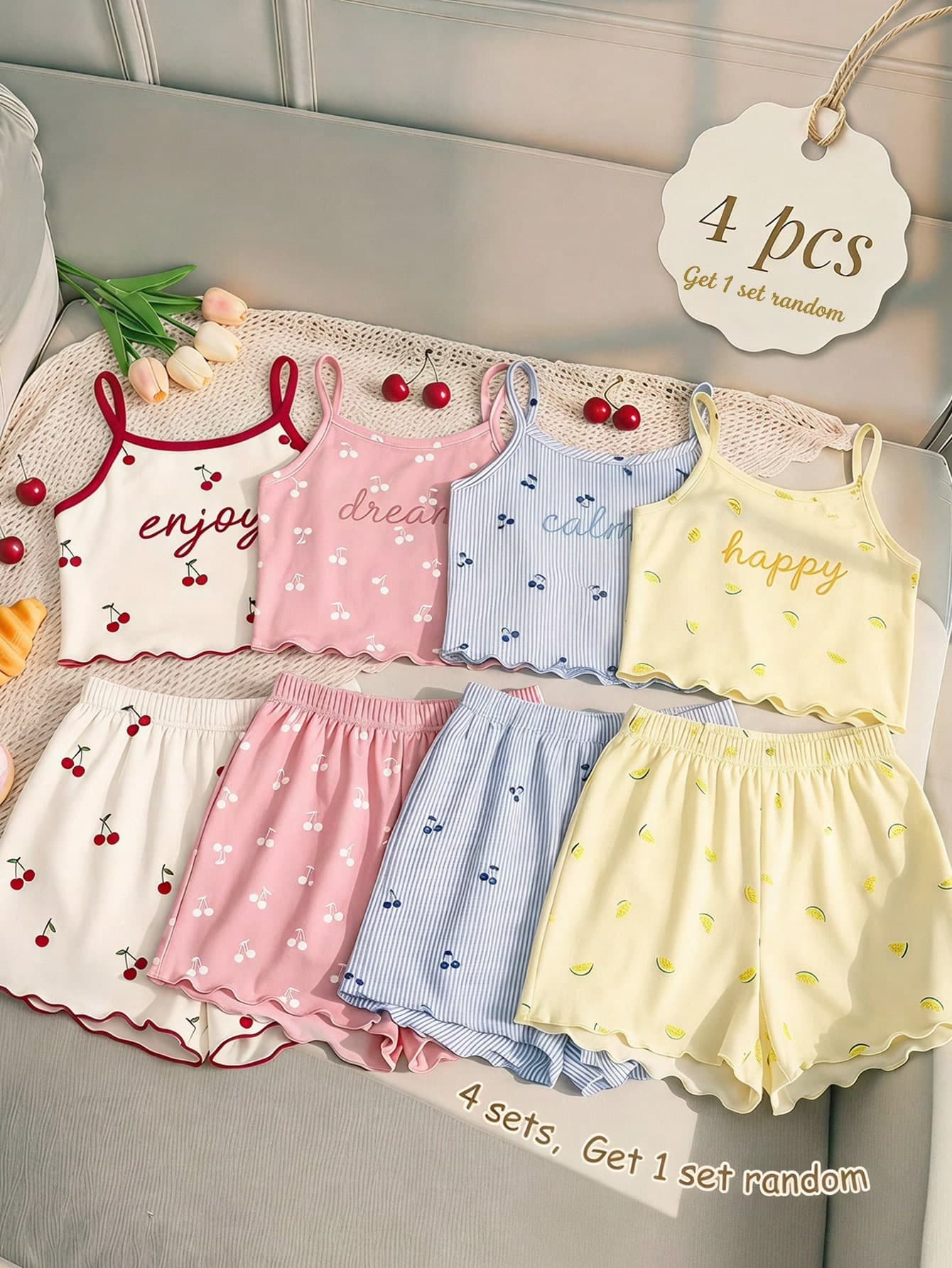 Tween Girl Tween Girl Casual Minimalist Slim Fit Vintage Cute Mini Cherry Cami Top & Shorts Set, Summer Loungewear, Cami Set, Cami And Shorts Set, Chill