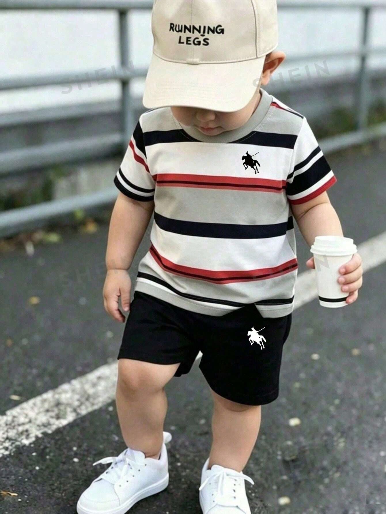 Souflis Souflis Young Boys' Casual Striped Round Neck Short Sleeve T-Shirt And Black Graphic Shorts 2-Piece Set,Cute Summer Family Matching Korean Style School Outfit