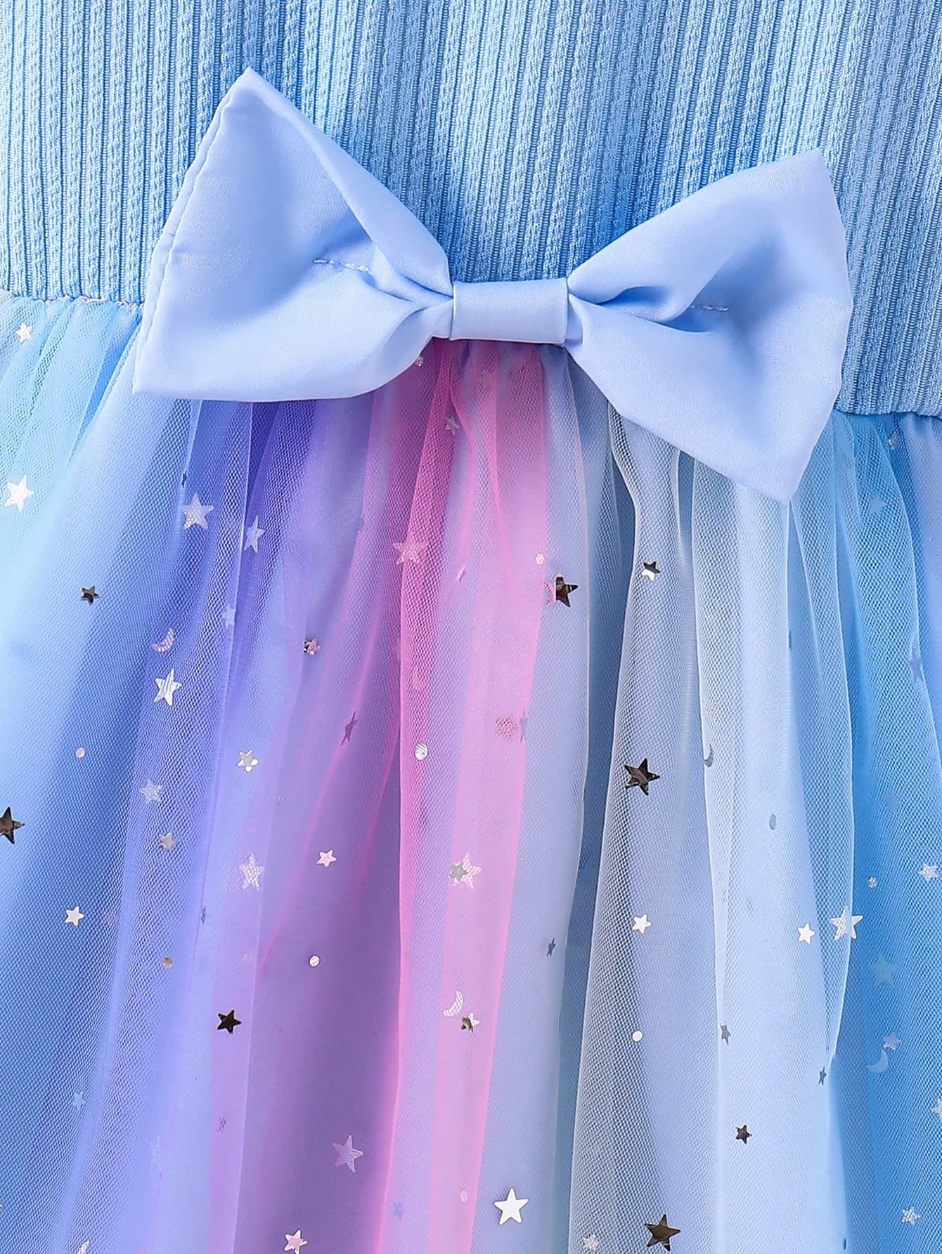 Glamorique Kids Young Girl Gradient Mesh Patchwork Bow Decor Dress