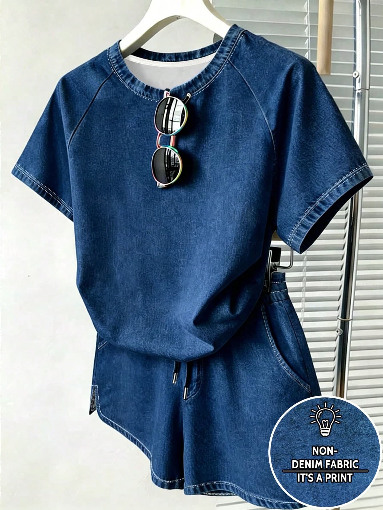 Resyla Women's T-Shirt And Shorts Set, Vintage Blue Tone, Summer Outing Top, Pattern Design, Premium Feel, Casual Versatile, Daily Wear, Outdoor, Shopping, Travel Outdoor Outfit