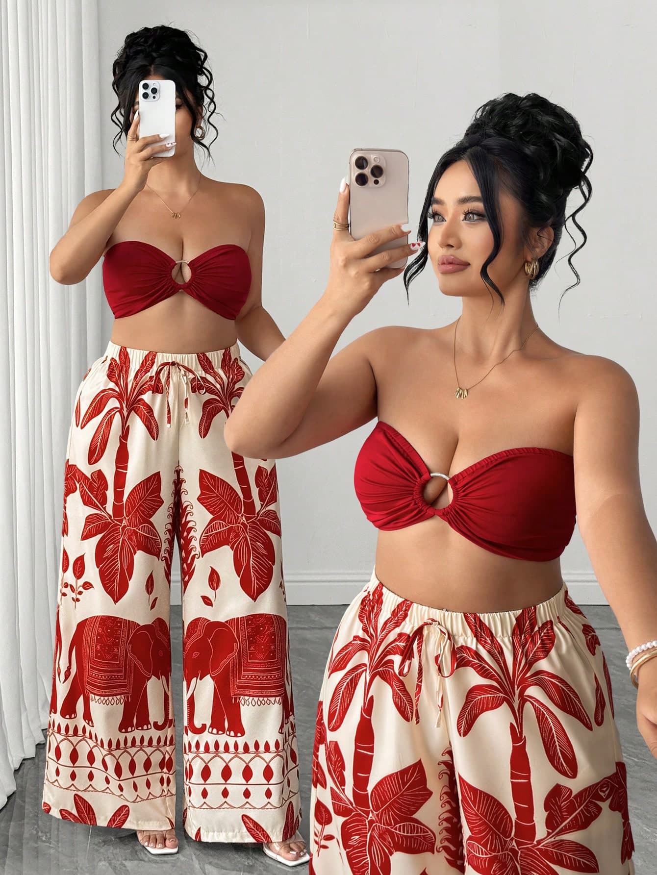 Elenzga Plus Size Women's Woven Romantic Red Cropped Tube Top & Elephant Palm Tree Print Palazzo Pants Bohemian Style 2-Piece Set, Summer