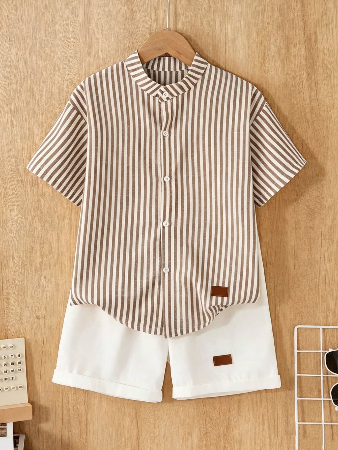 SHEIN Vintaside Kids Boys' Casual Commute Textured Striped Fabric Stand Collar Shirt & Yarn-Dyed Striped Shorts 2 Pieces Set, Comfortable Fashionable Shirt Outfit