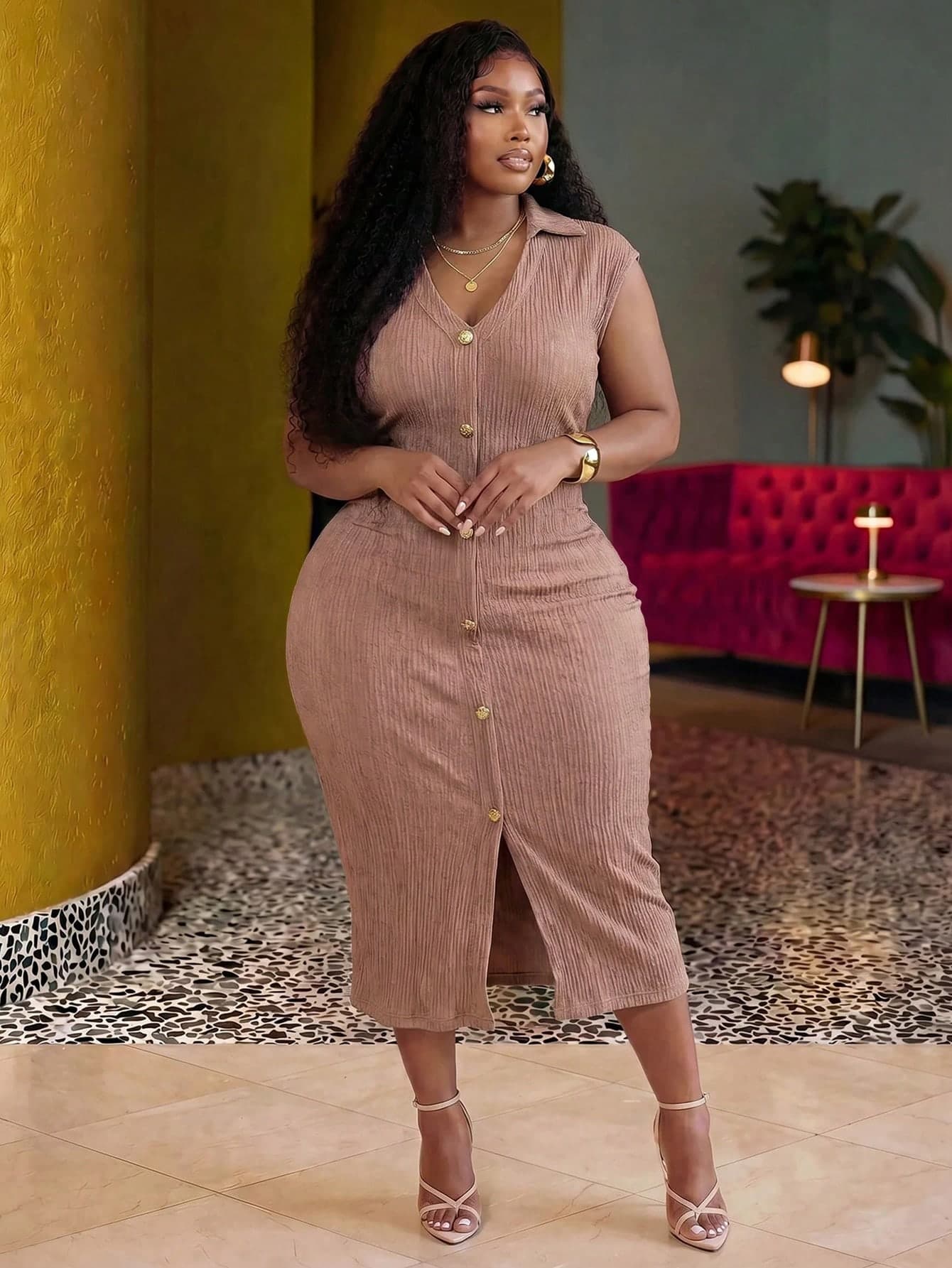 Veslaya Spring/Summer Women's Plus Size Premium Elegant Textured Knit V-Neck Waist Pleated Metal Button Dress, Island Vacation, Holiday Outing Wear