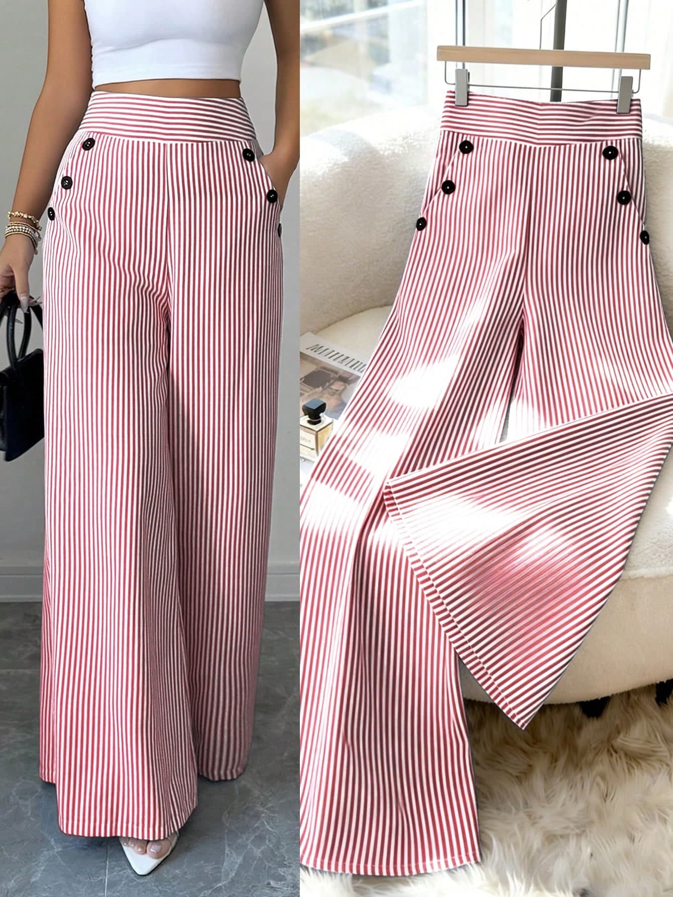 SHEIN Tall CURVE Plus Size Women's New Korean Style Exquisite Elegant Spring/Summer Fashion Minimalist Elegant Blue & White Striped Linen Pants, High Waist Slimming Straight Leg Loose Casual Trousers
