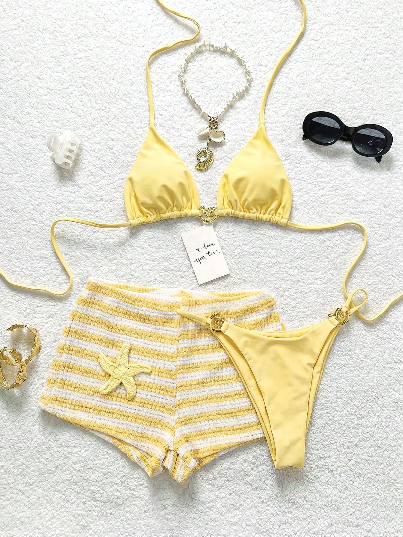 Soleia Women's Triangle Bikini Swimsuit With Cover-Up Shorts Set Bathing Suits For Women Beach Vacation Outfit For Woman Light Yellow Yellow Summer Tropical