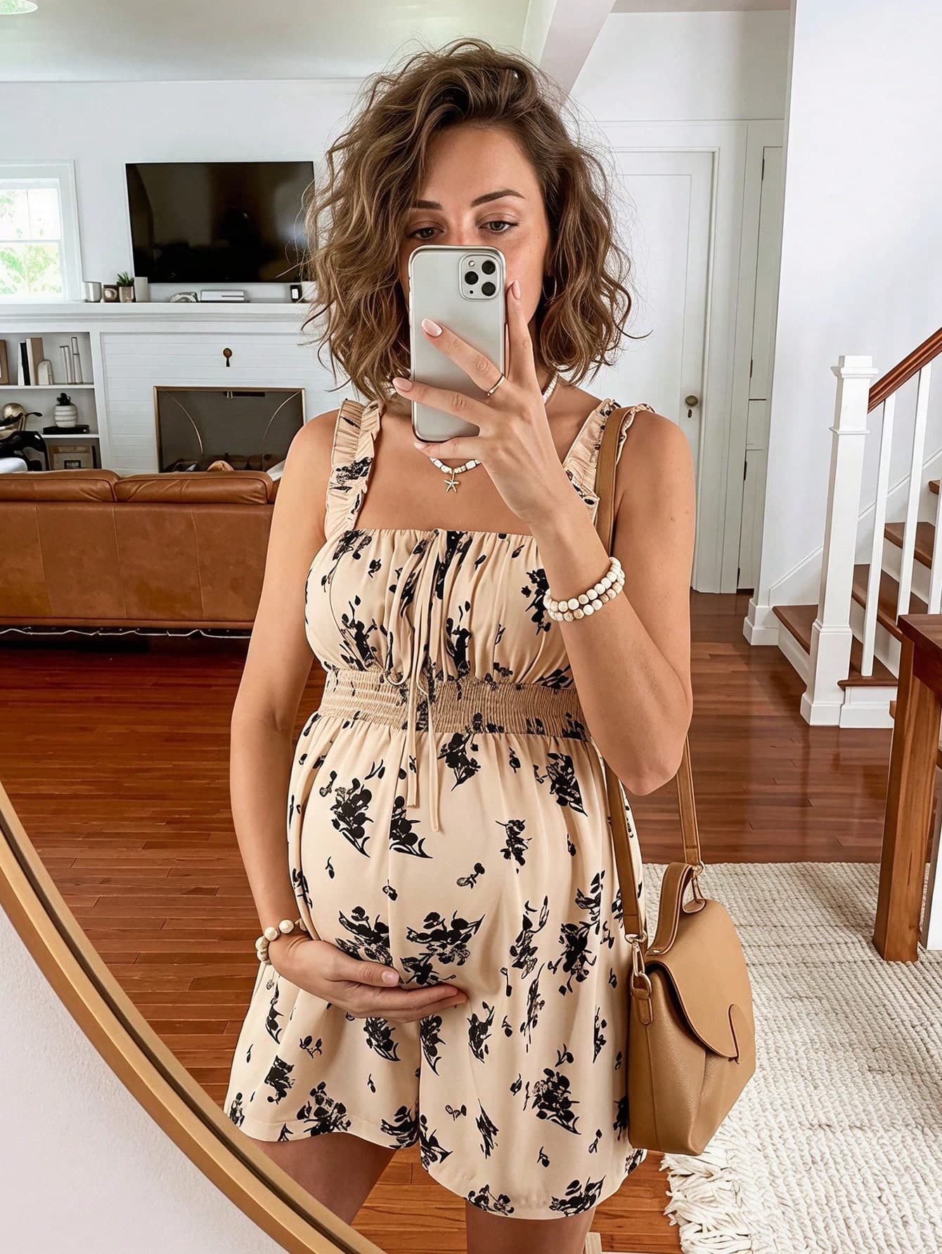 SHEIN Vintage Maternity Ditsy Floral Camisole Romper, Square Neck Drawstring Design, Ruffle Strap, Cinched Waist, Summer Chic Photoshoot