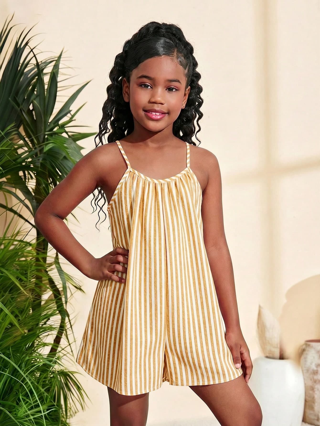 SHEIN Tween Girl Yellow & White Vertical Striped Spaghetti Strap Romper & Spaghetti Strap Design & Ruched Chest Detail & Sweet Fresh Style Kids & Summer Casual Vacation Outfit For Little Girls & Comfortable Daily Wear Niche Design Striped Jumpsuit KIDS