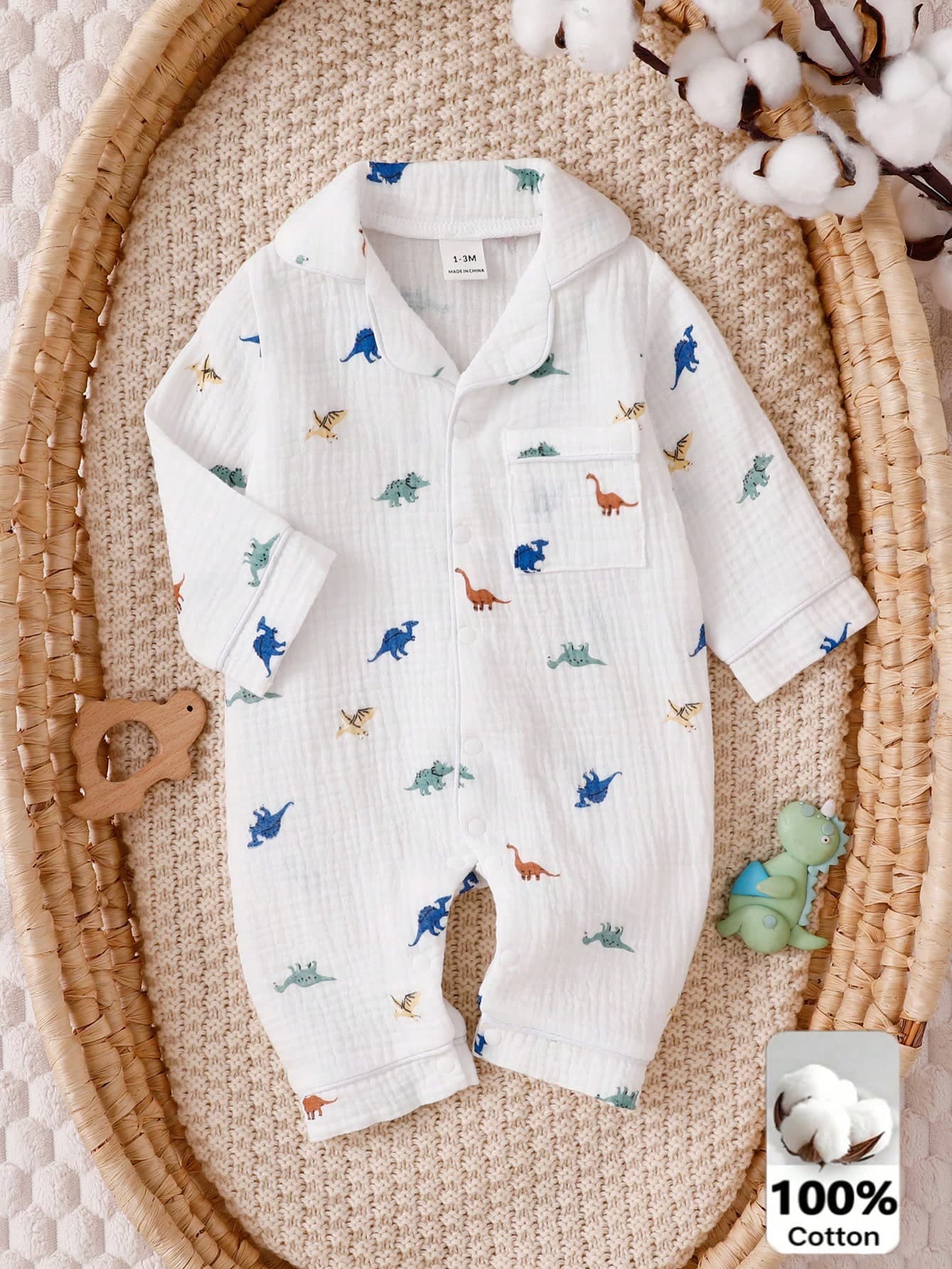 SHEIN 1pc Newborn Baby Boy Long Sleeve Front Opening Romper One-Piece Home Wear, Woven Double-Layer Crinkle Fabric, Cute Dinosaur Digital Print Pattern
