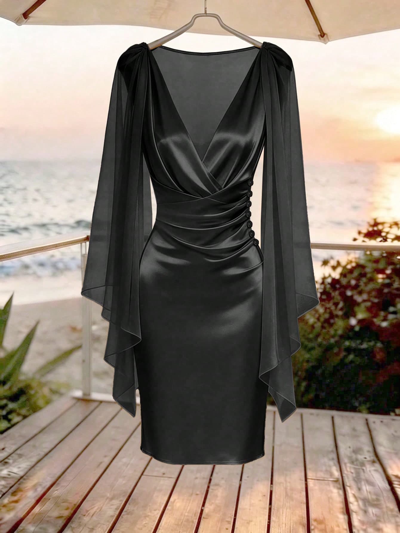 Franclia Cross V-Neck Waist Gathered Button Cape Sleeve Elegant Women's Mid-Length Dress